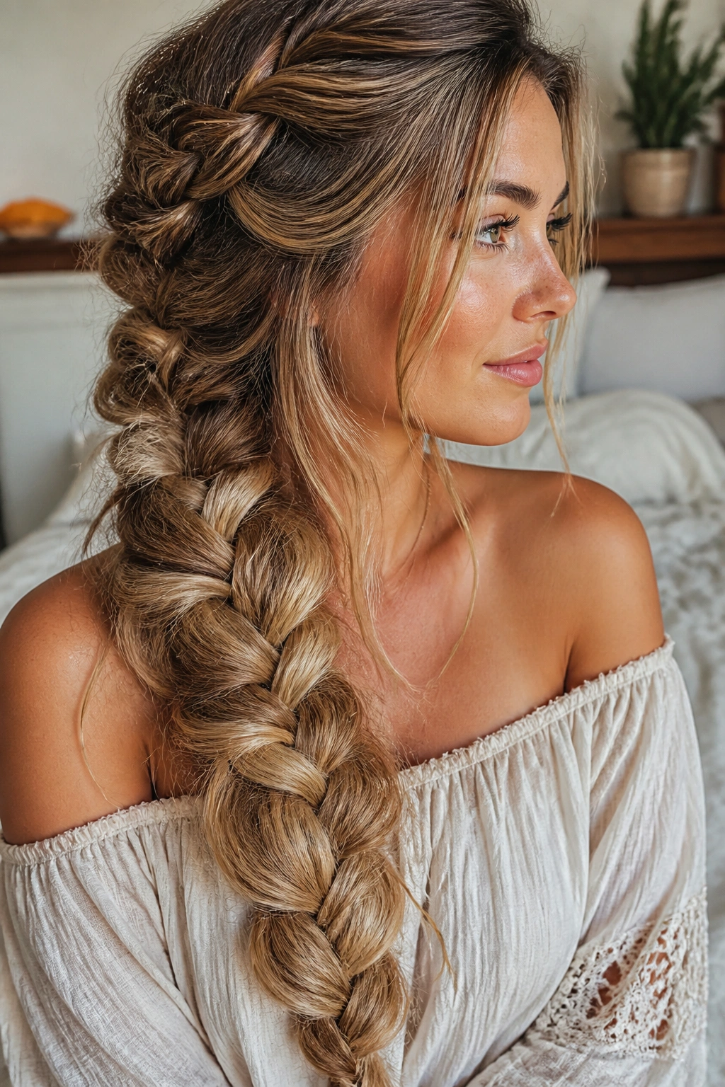 Close-up of a real woman with a loose, chunky mermaid braid in warm window light.
