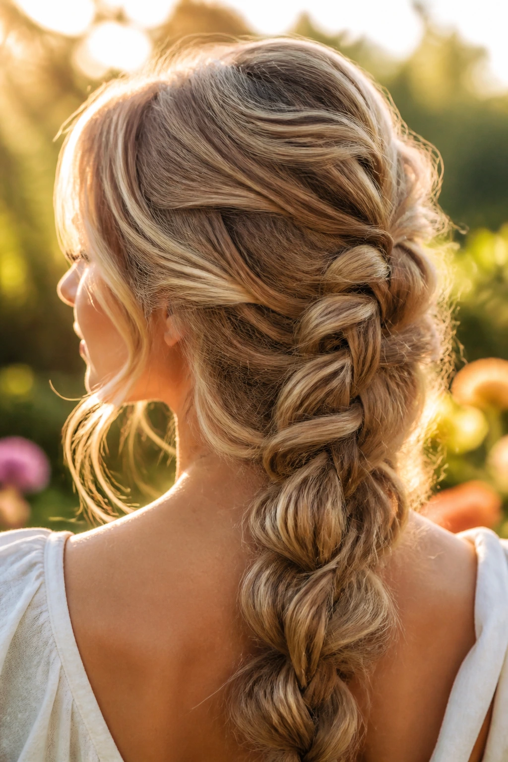 Close-up of a real woman with a voluminous mermaid braid