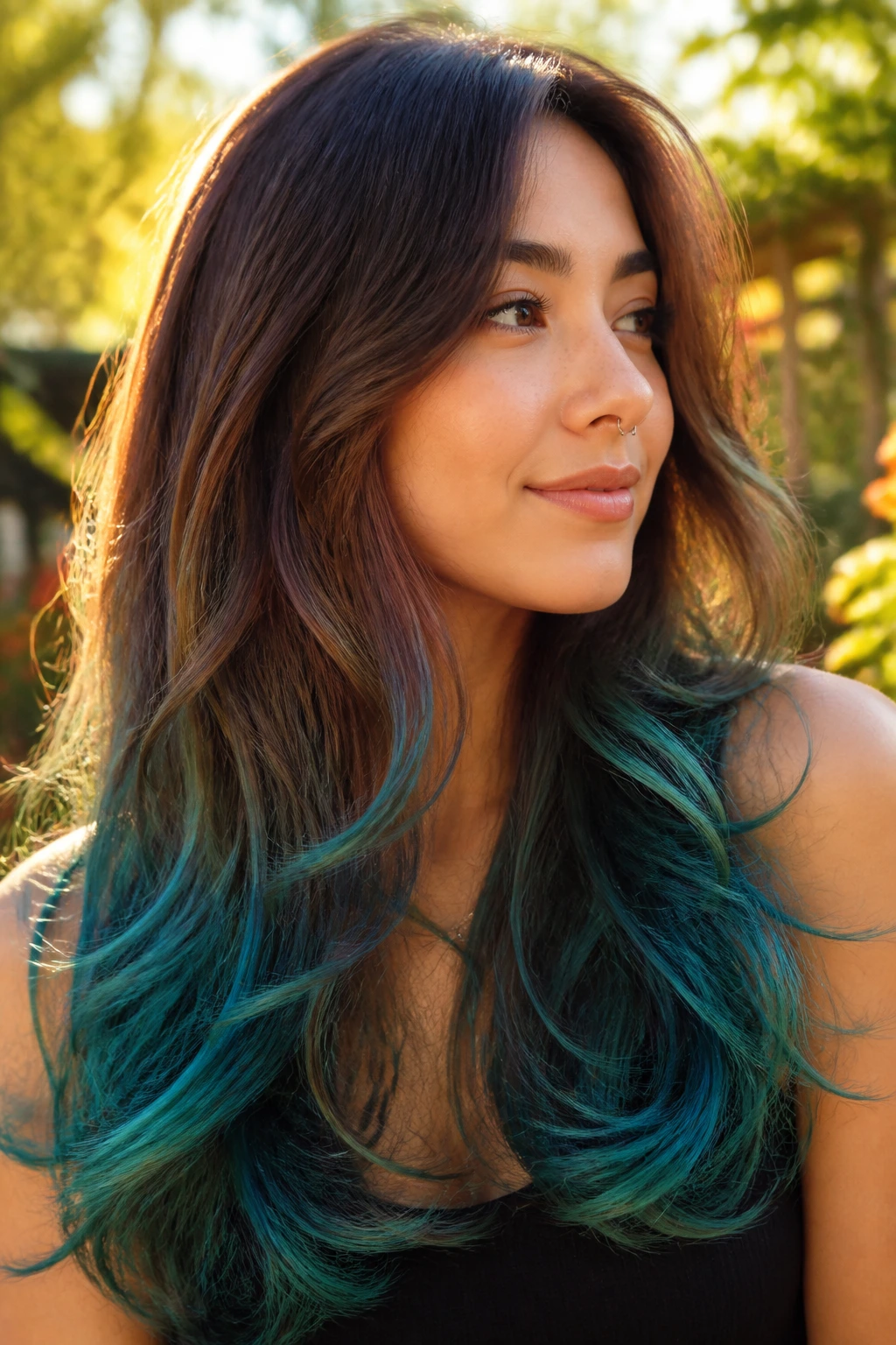 Long brown layered hair with mermaid ends in blue-teal-green tones