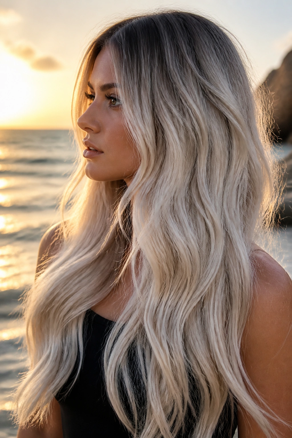 Long mermaid-length platinum hair with smoky root shadow
