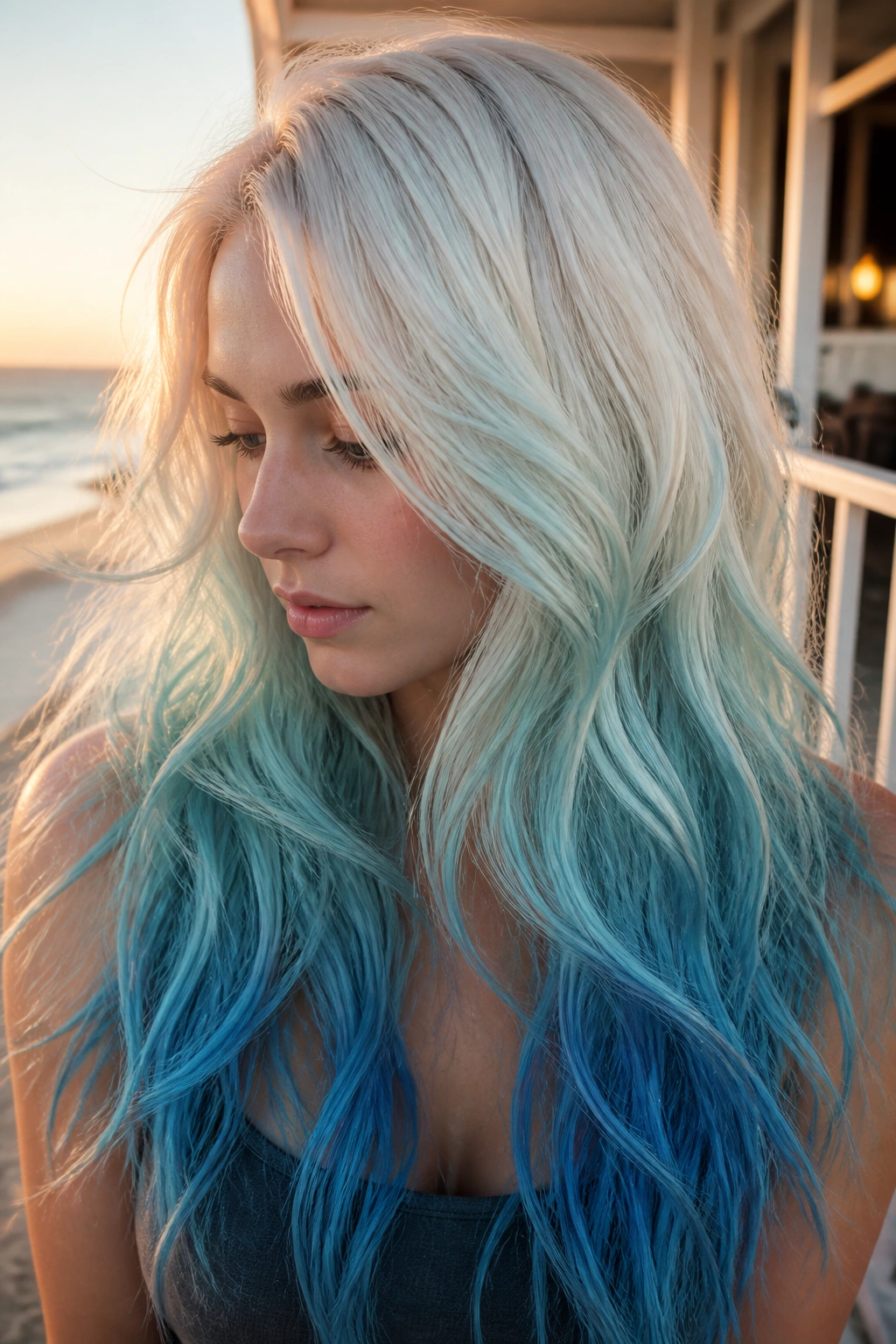Long hair with pearl white crown transitioning to aqua and blue ends