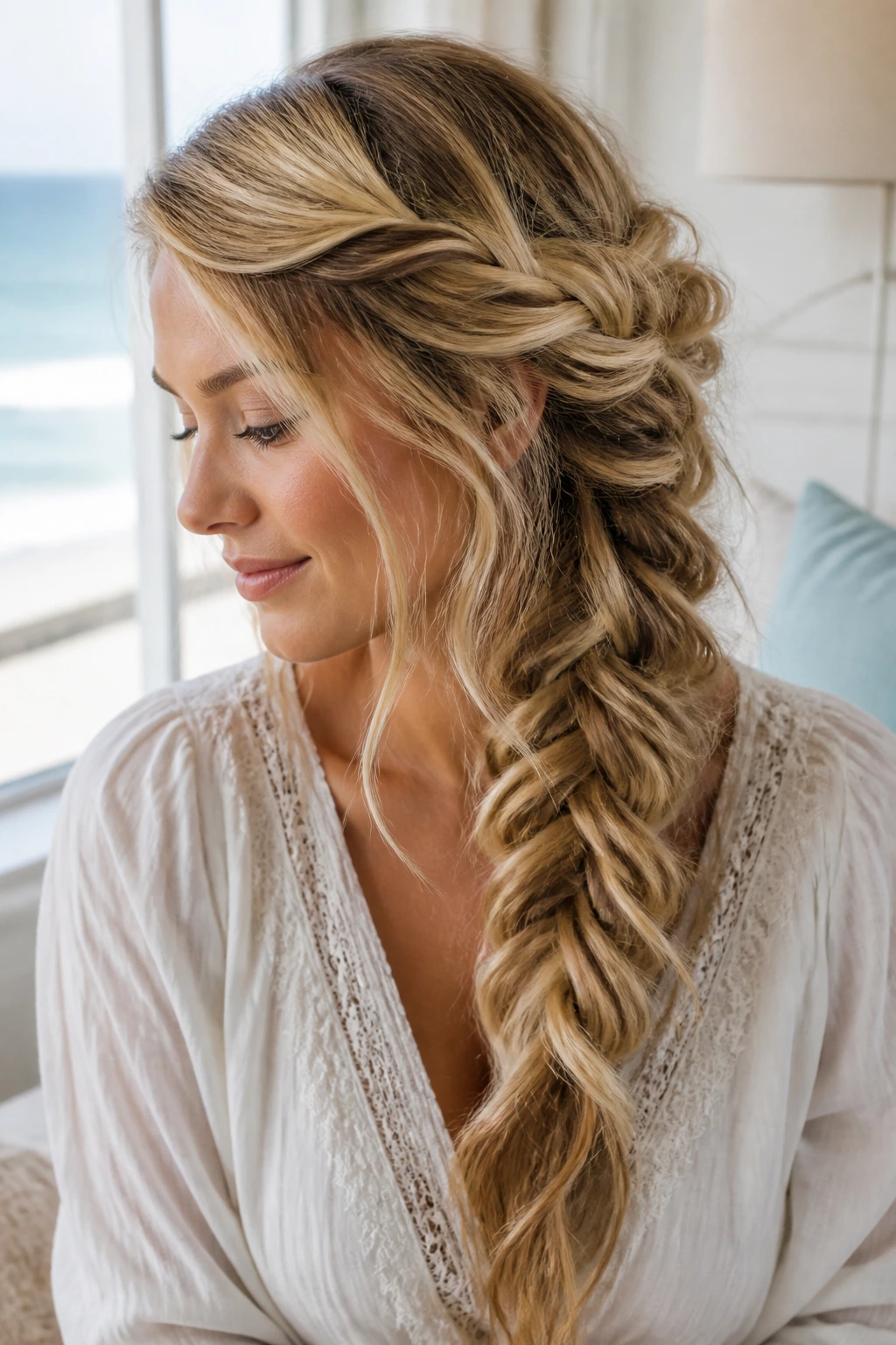 Close-up of a woman with a mermaid side braid and flowing texture