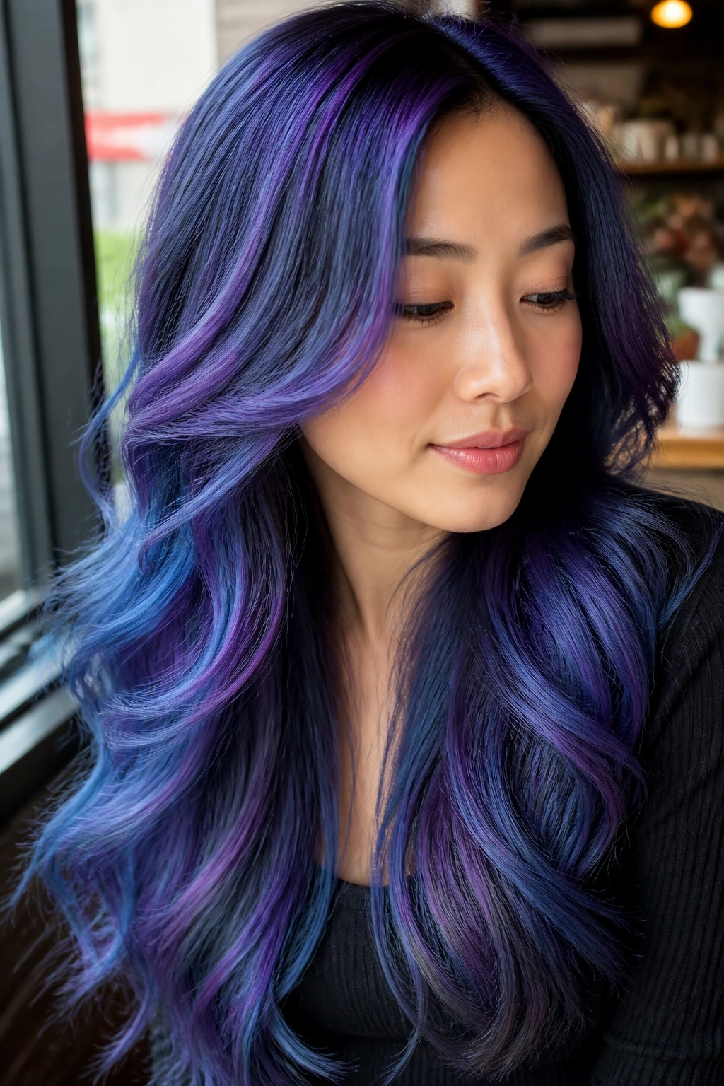 Close-up portrait of a real woman with cool mermaid swirl hair in violet blue indigo tones