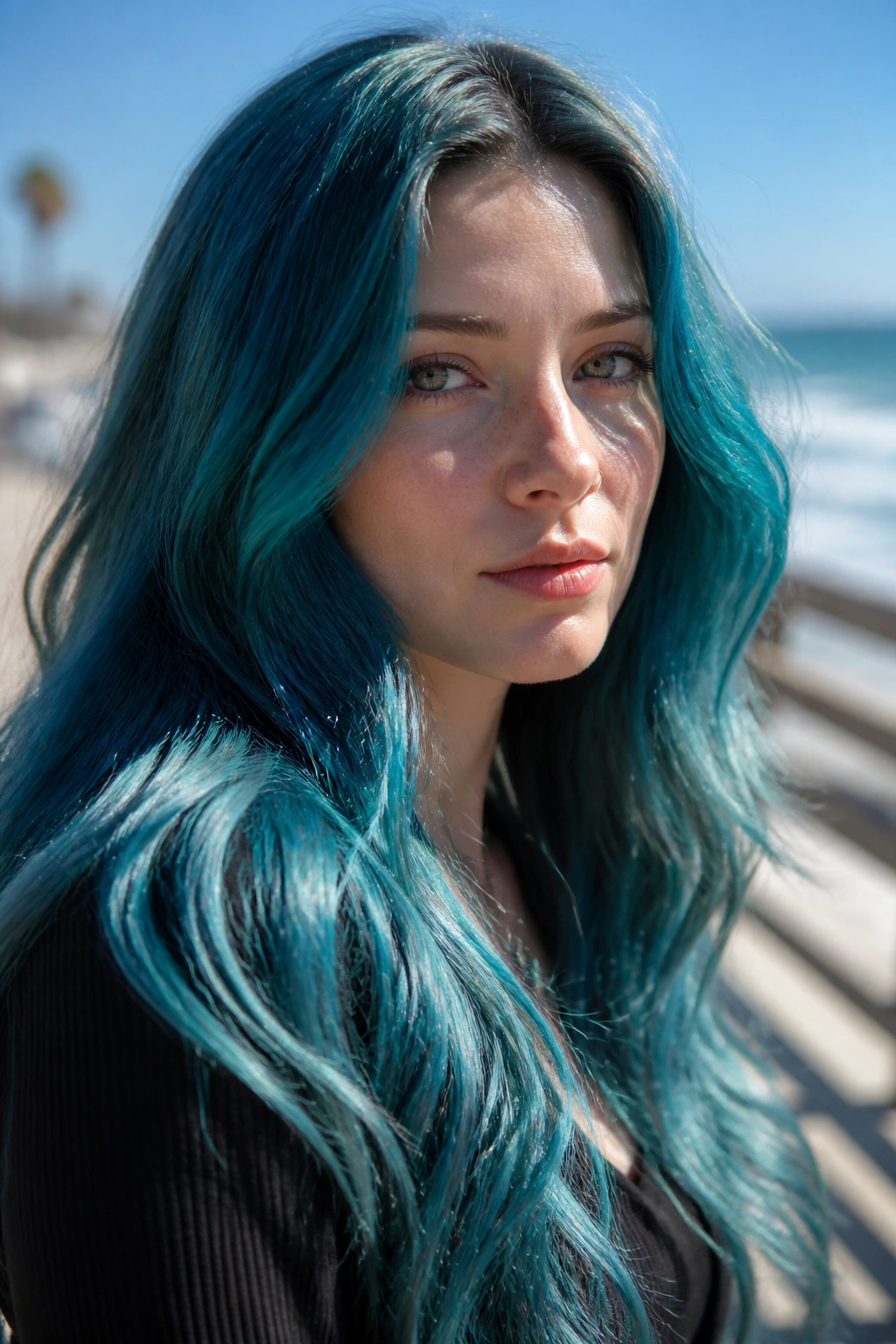 Close-up portrait of a real woman with mermaid teal waves and silver gloss