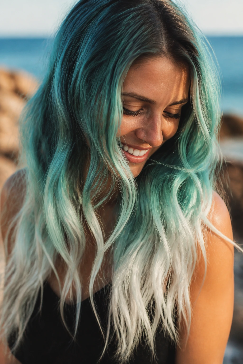 Real woman with mermaid teal into white surf ombre on long hair