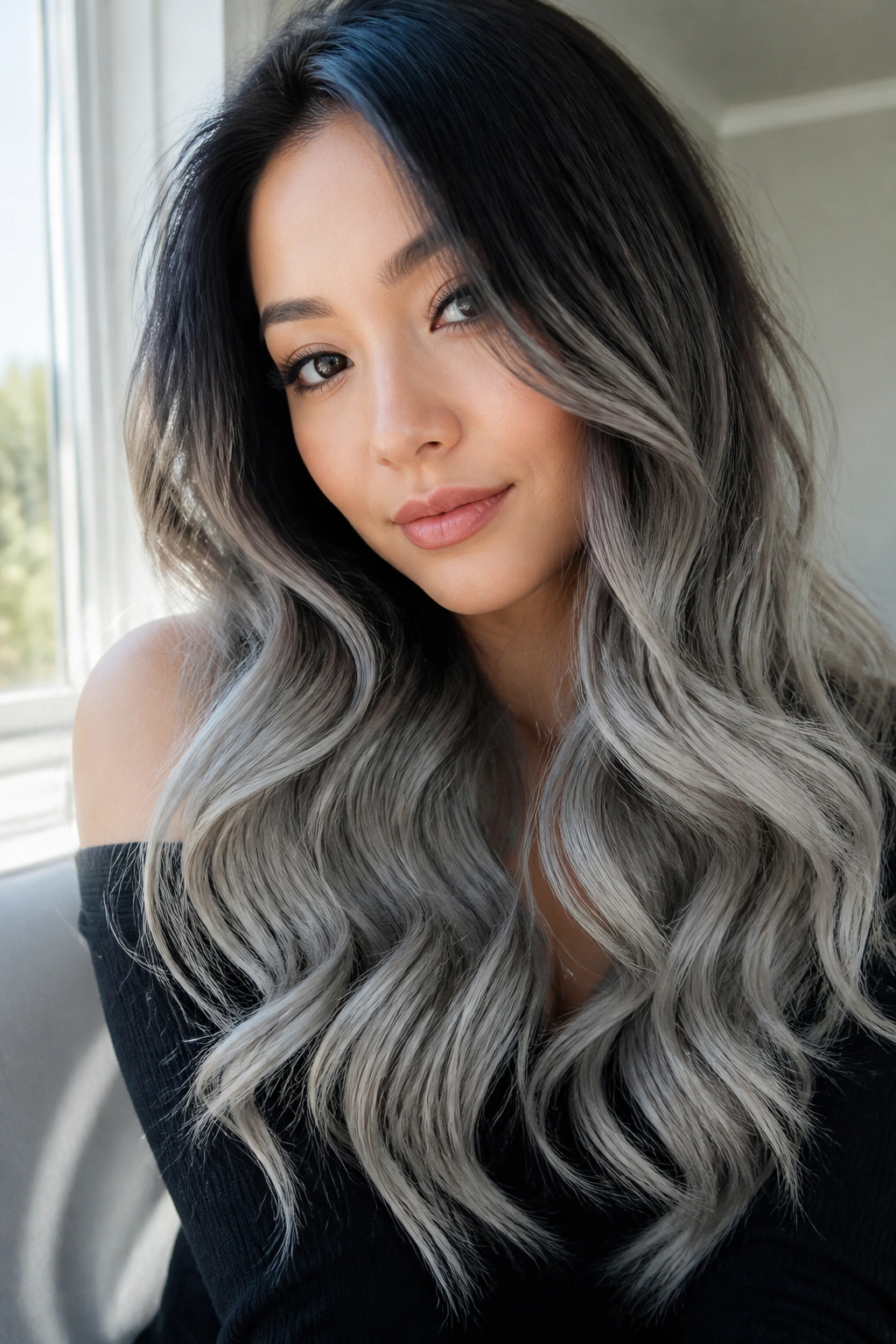 Real woman with mermaid waves and soft balayage transitioning from black to silver