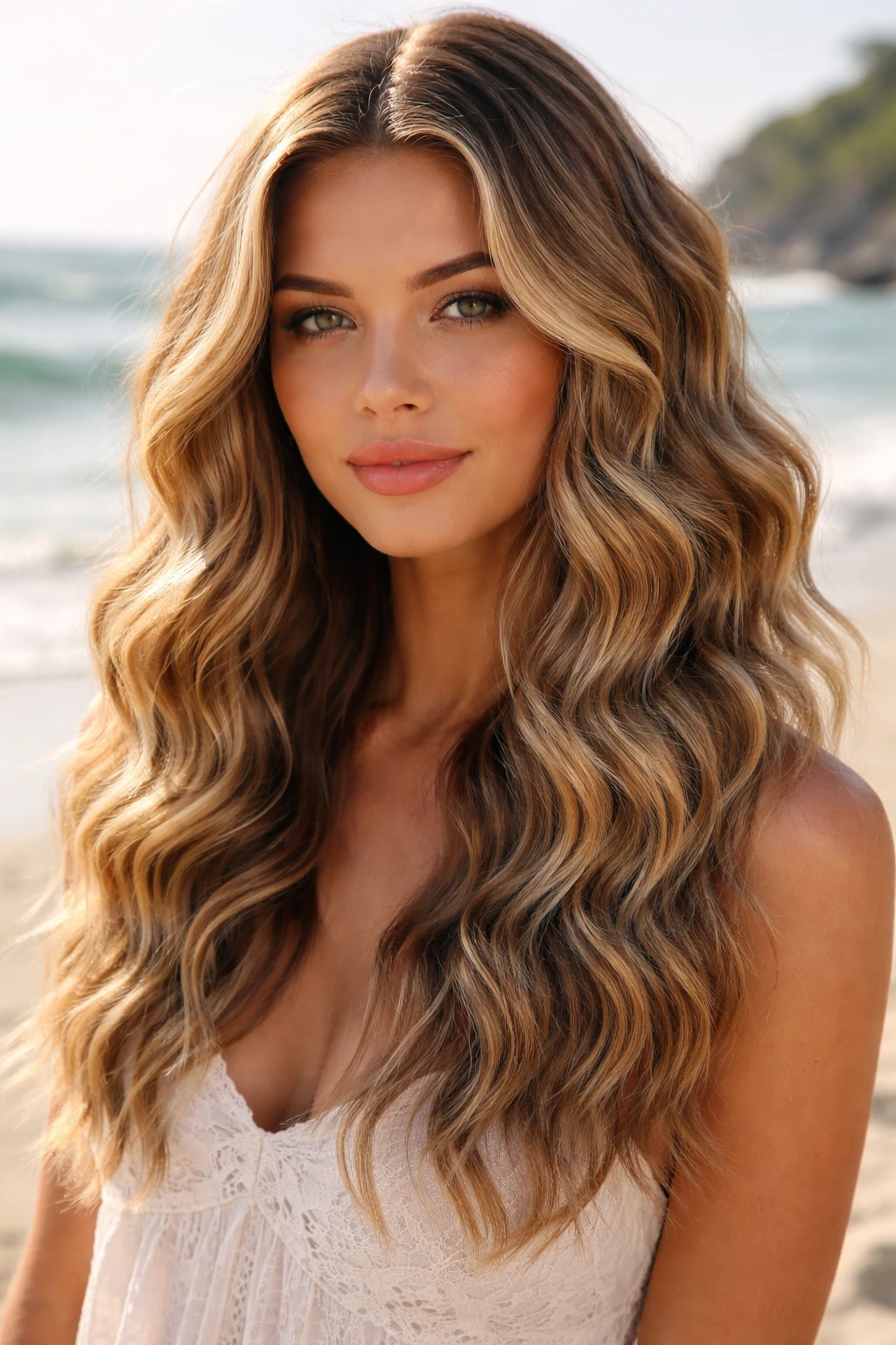 Close-up of a woman with mermaid waves on a sunlit beach.