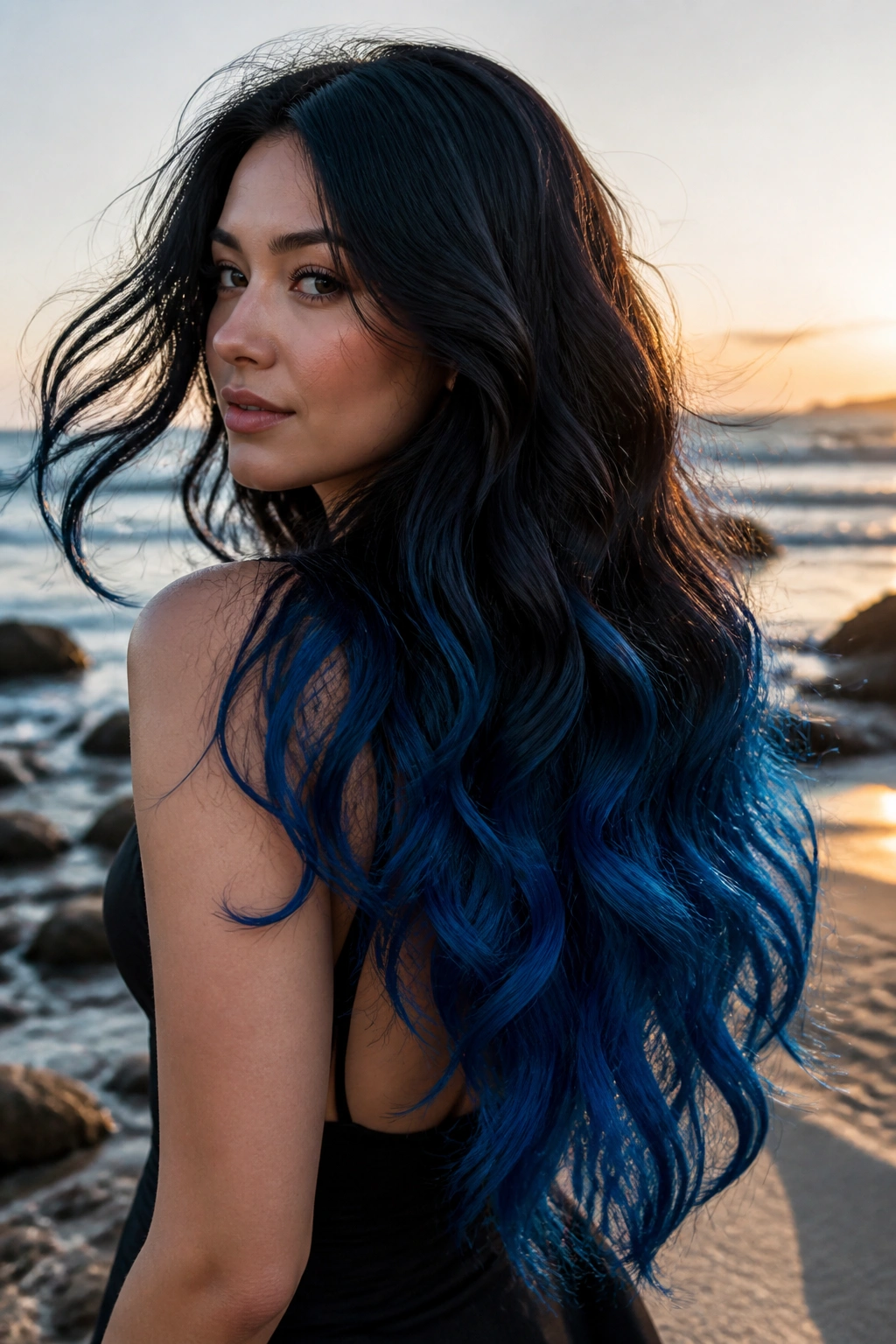 Portrait of woman with mermaid waves from black to ocean blue at the beach