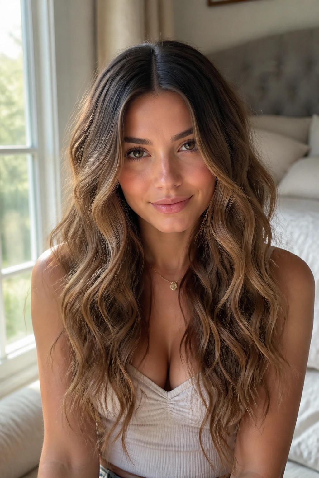 Portrait of a real woman with long mermaid waves and a centered part