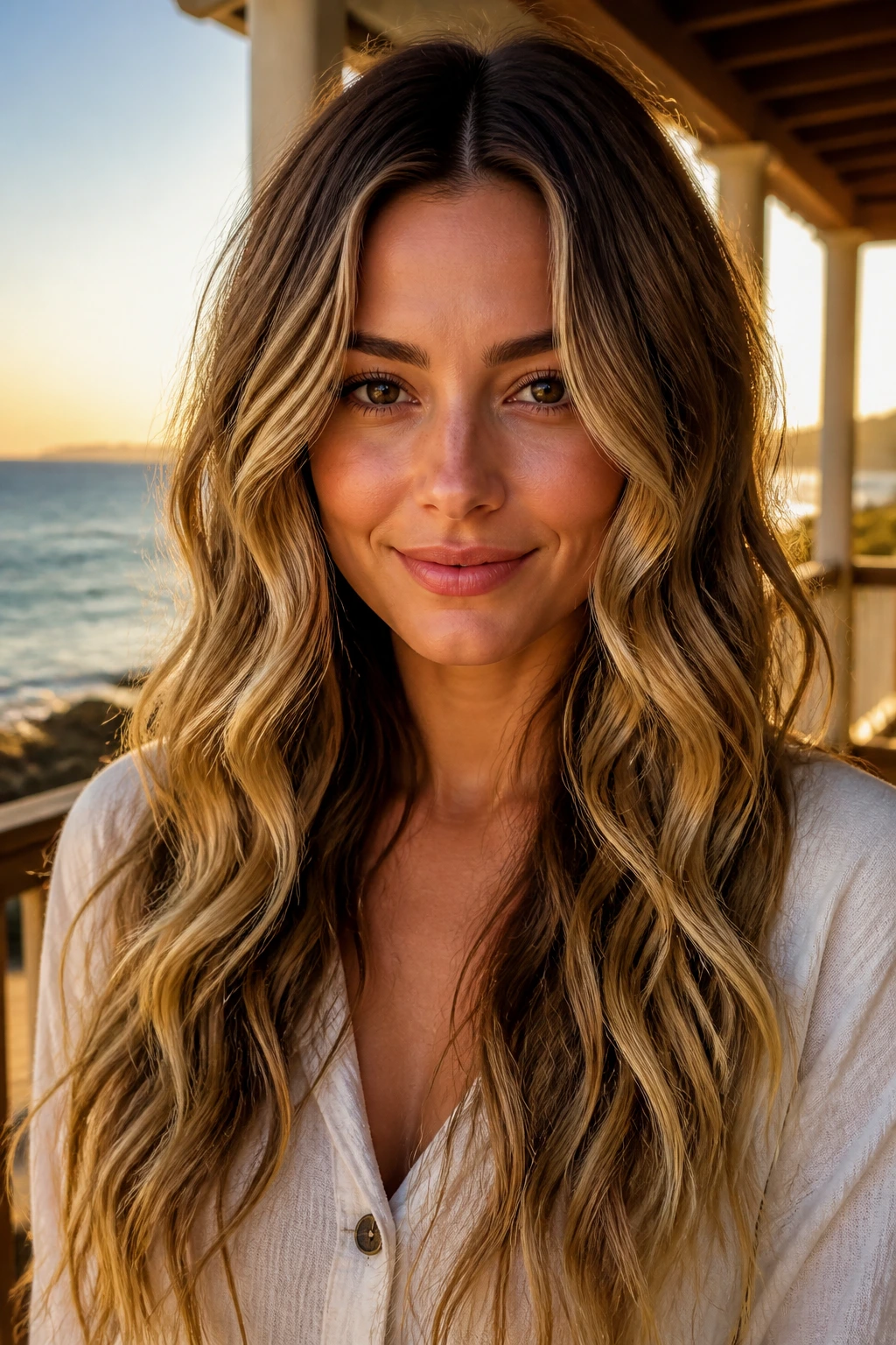 Close-up of a woman with mermaid waves and center part