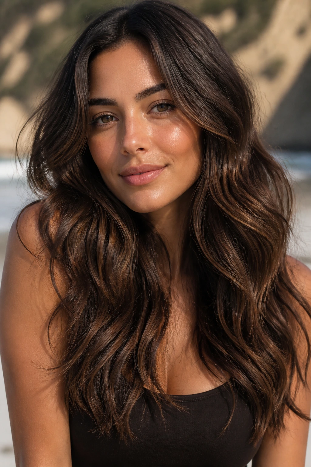 Real woman with long mermaid waves in chocolate brown