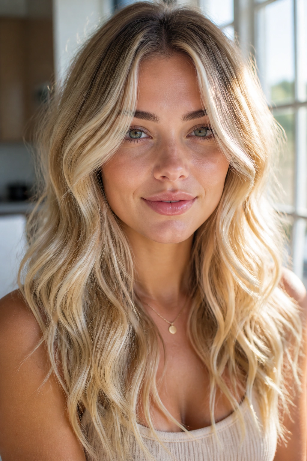 Close-up of a real woman with mermaid waves and soft face framing in butter champagne blonde