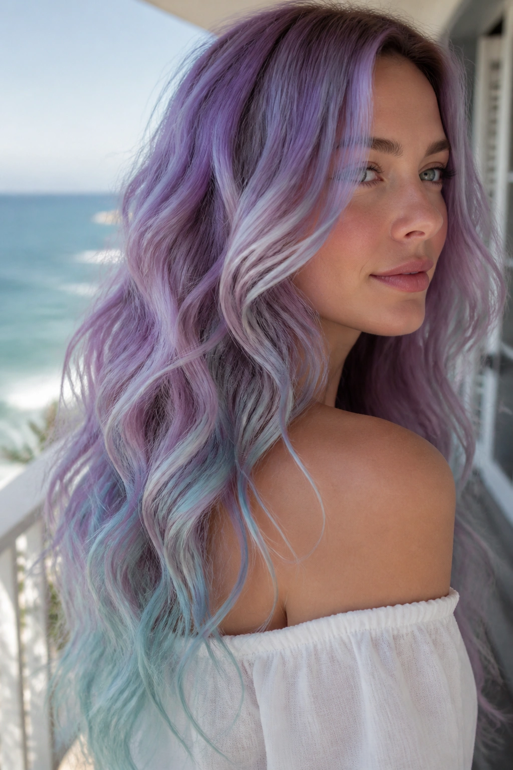 Mermaid waves with lavender and sea-glass tones on long hair