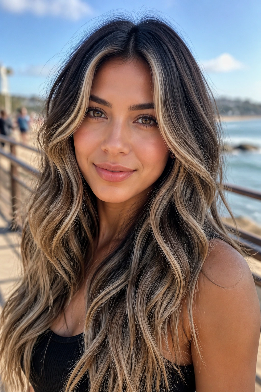 Real woman with mermaid waves and long front pieces framing her face