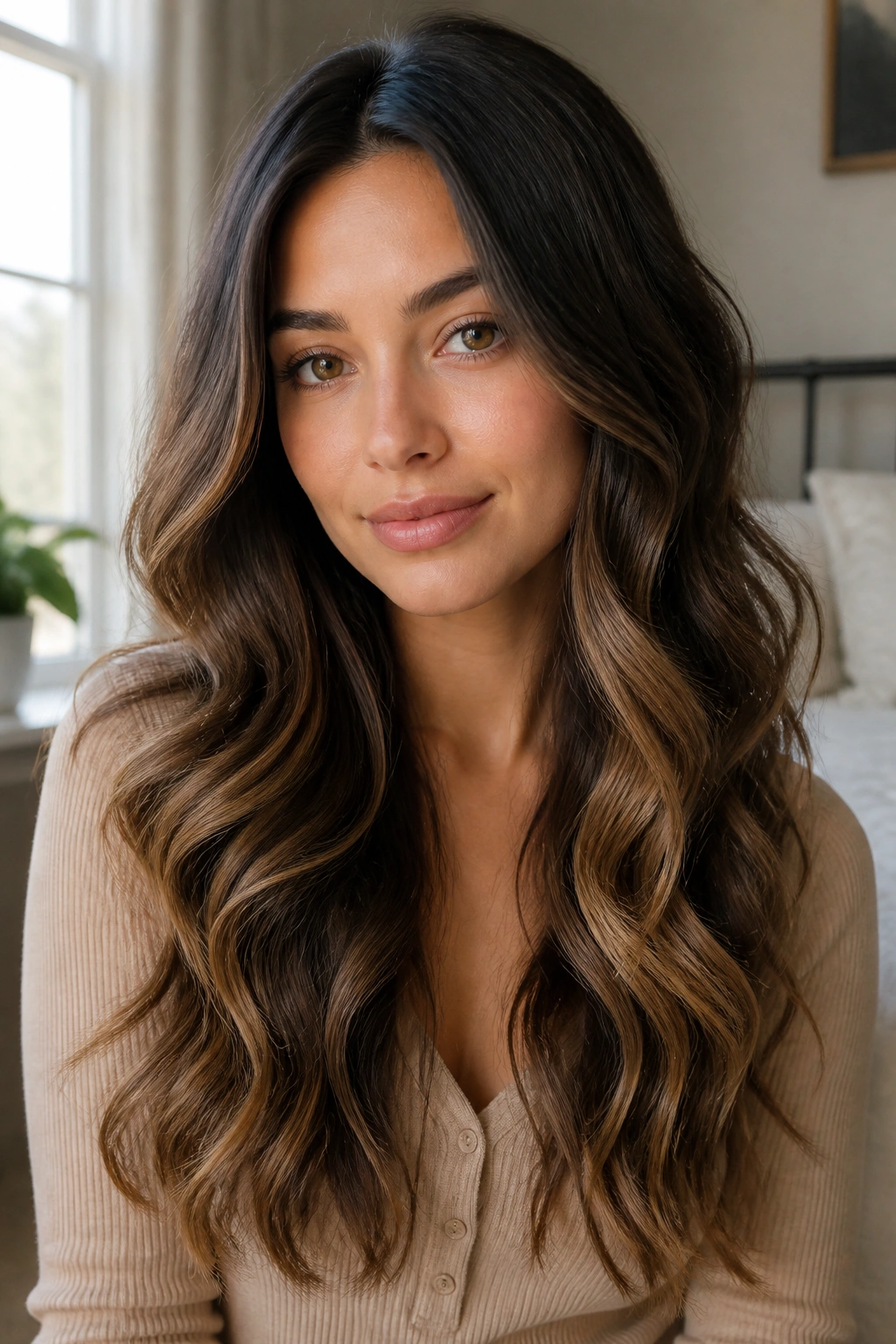 Close-up of a real woman with soft mermaid waves framing the face.