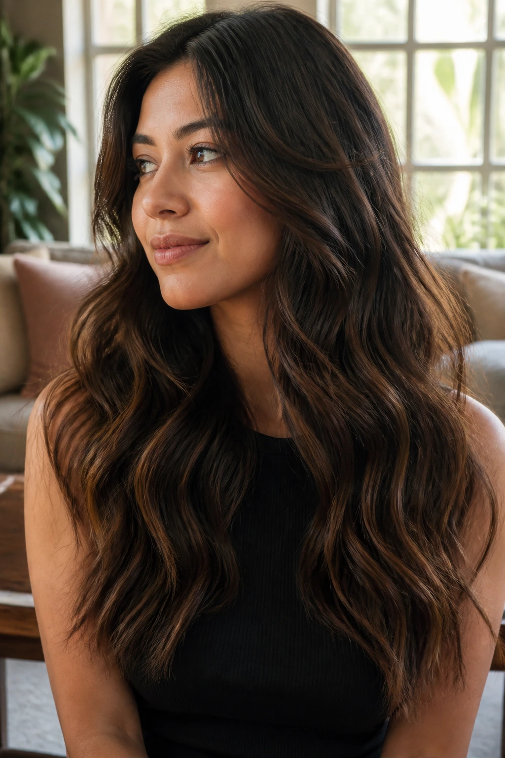 Close-up of a real woman with long mermaid waves and light layers