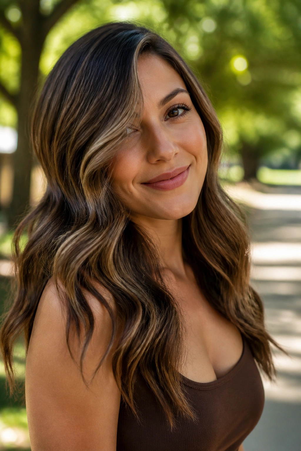 Real woman with off-center mermaid waves in a sunlit park setting.