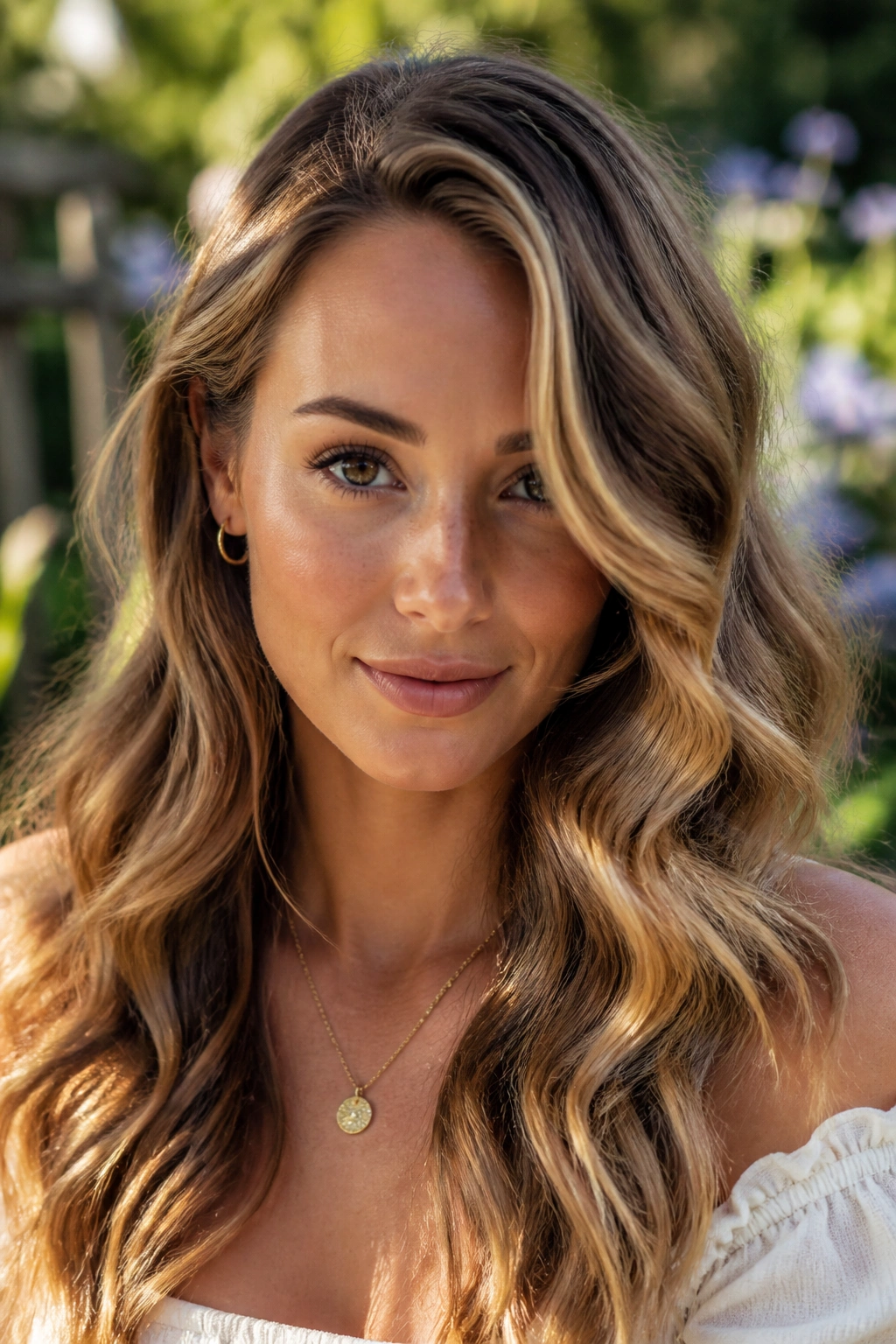 Close-up of real woman with mermaid waves and off-center part