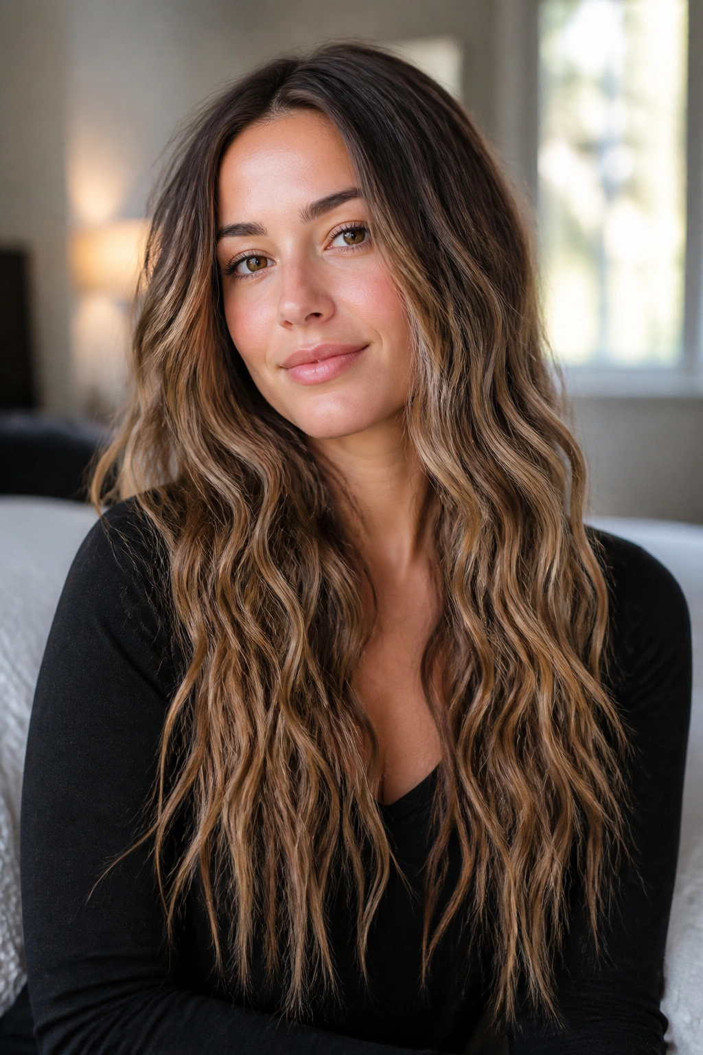 Close-up of a real woman with mermaid waves and shattered ends.