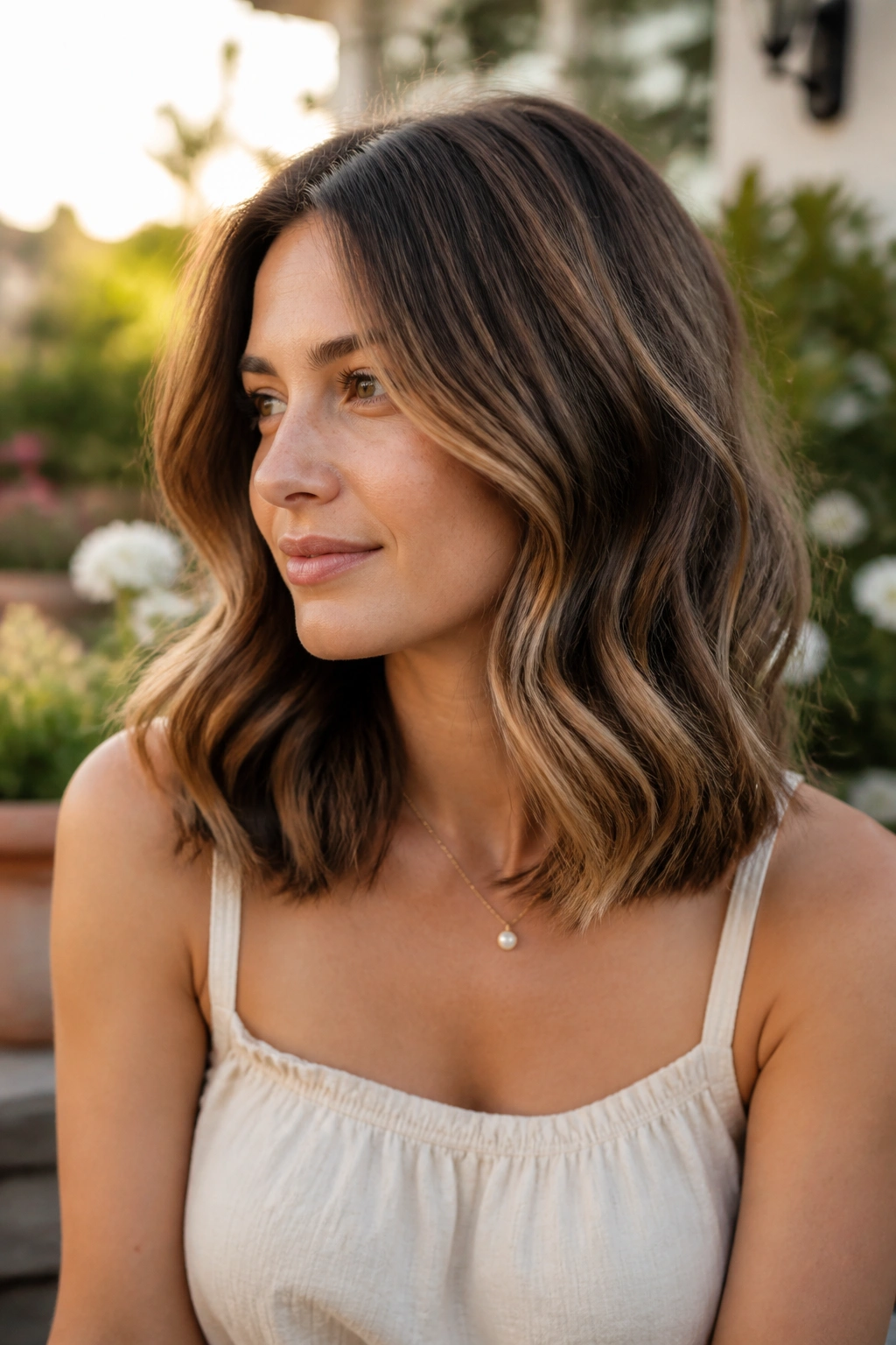 Real person with shoulder-length mermaid waves under golden hour light