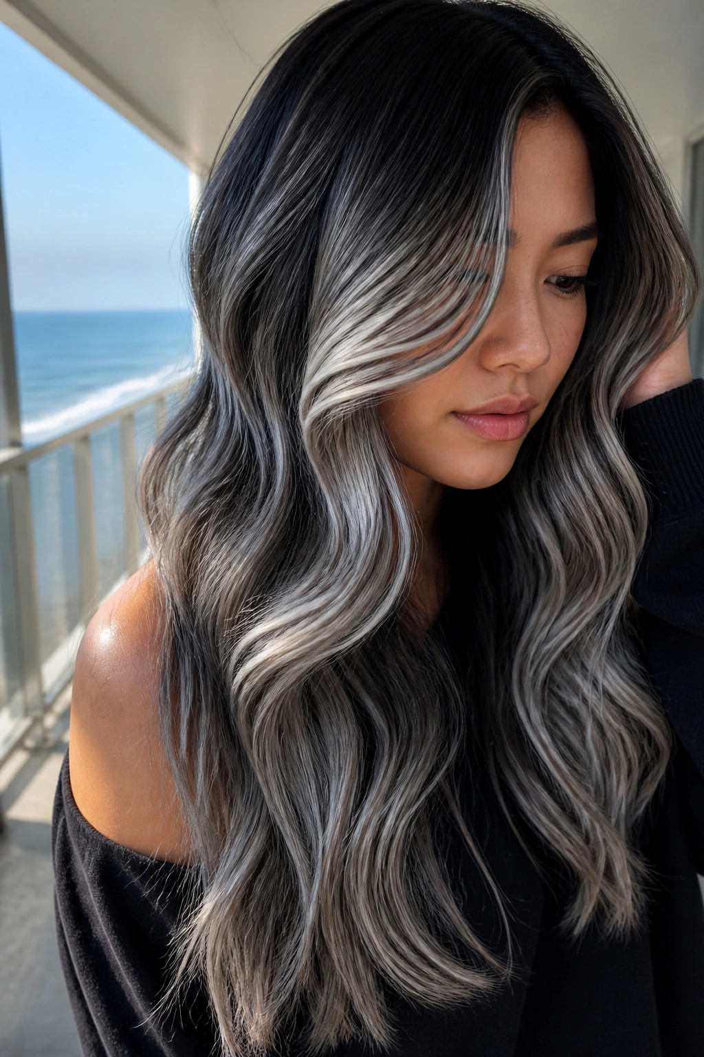 Close-up of a real person with mermaid waves and silver sweep