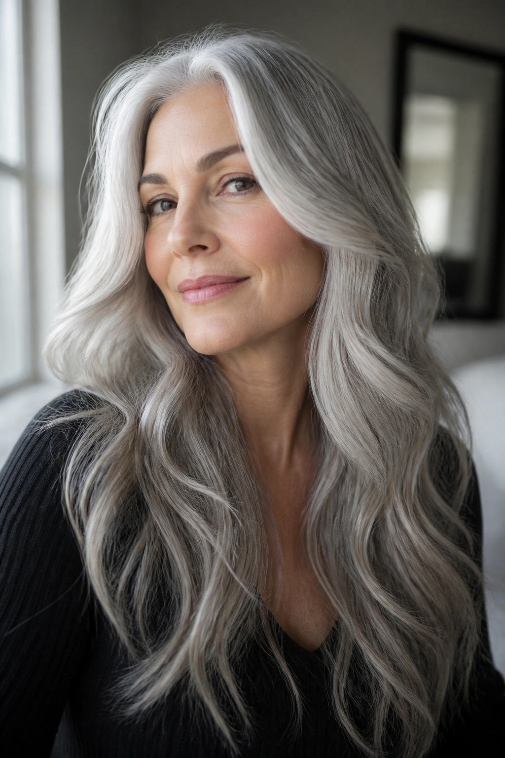 Close-up portrait of a real woman with long silver mermaid waves and tapered ends