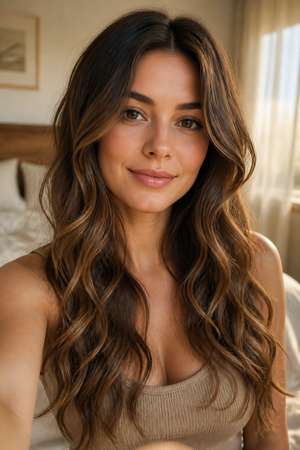 Close-up of woman with soft mermaid waves on long brown hair
