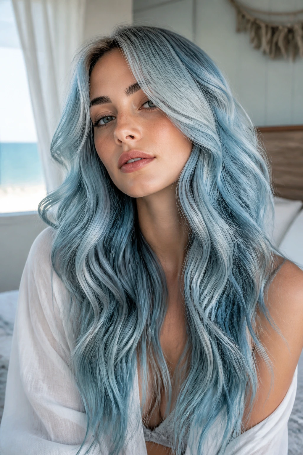 Close-up of a real woman with mermaid frost waves in pale blue-silver hair, soft window light
