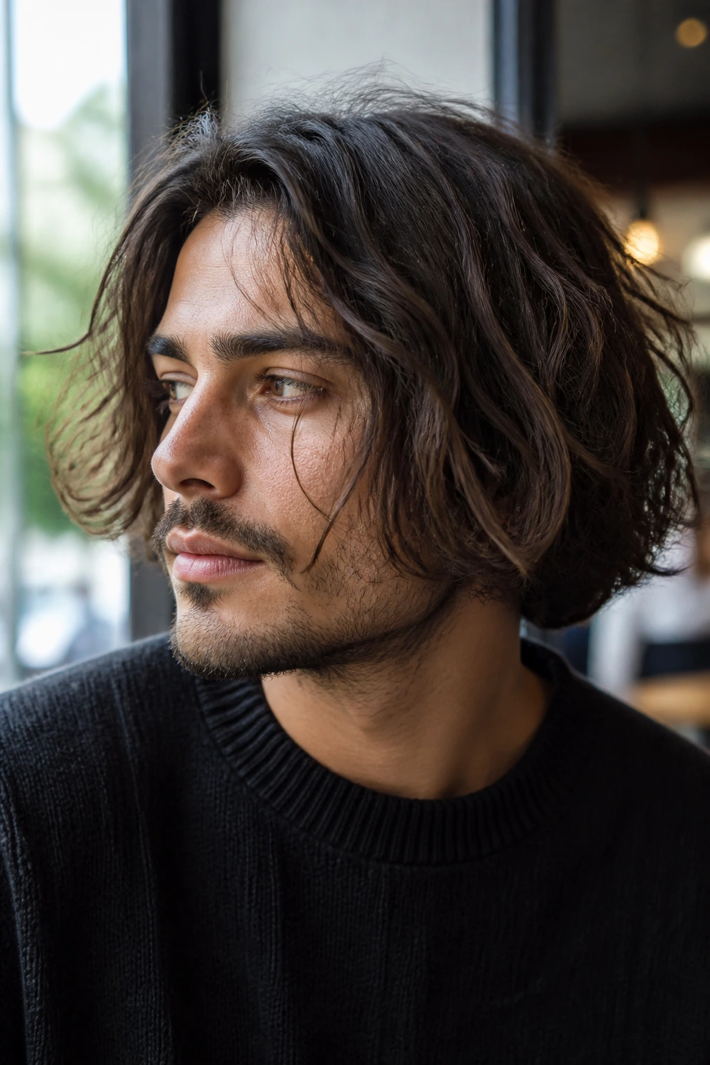 Close-up portrait of a man with a messy air-dried bob hairstyle in cafe-window light