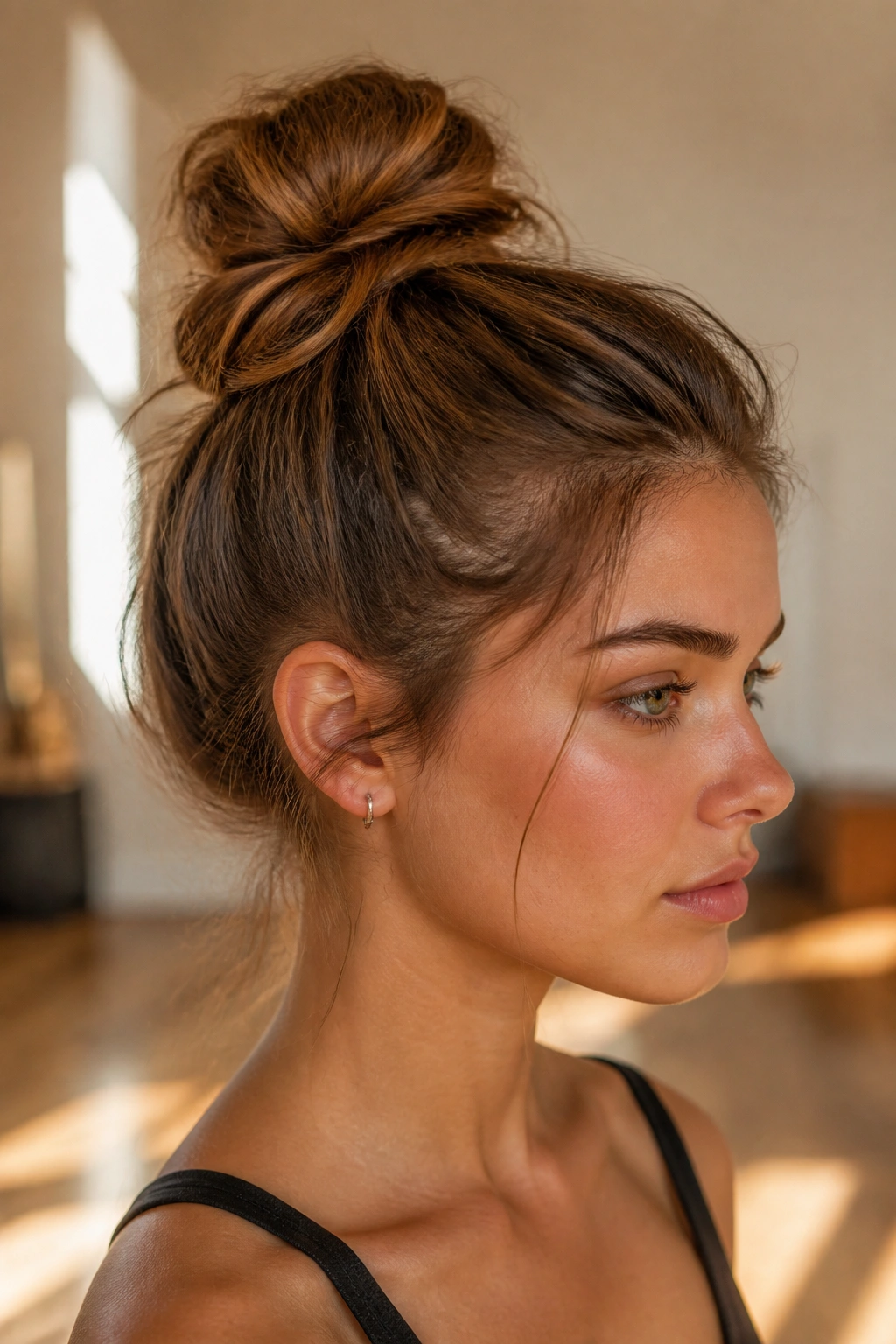 Close-up of a real woman with a high ballet bun and soft wisps in a sunlit room
