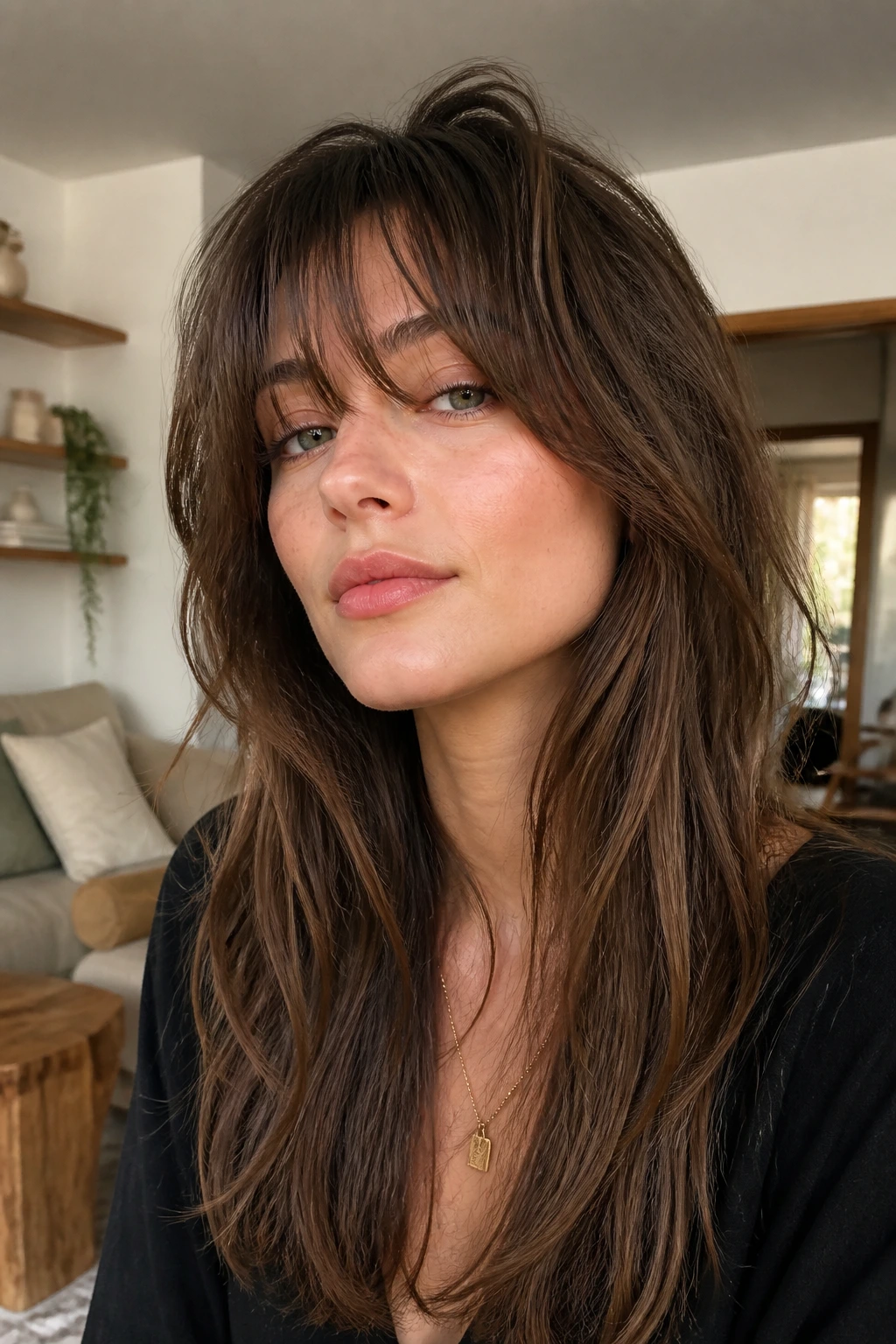 Real person with messy bangs on long layers in daylight