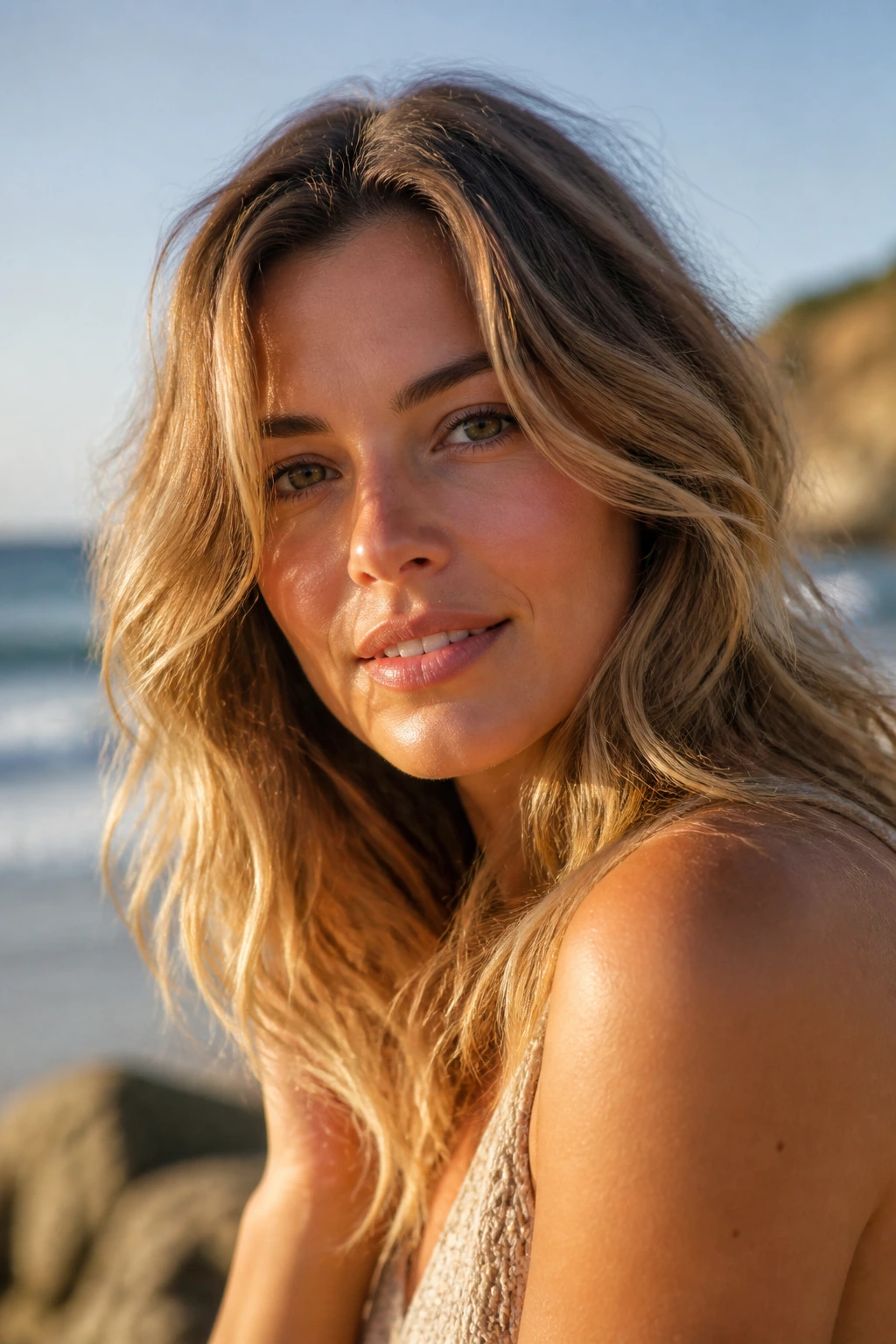 Real woman with loose beachy waves under golden hour sun