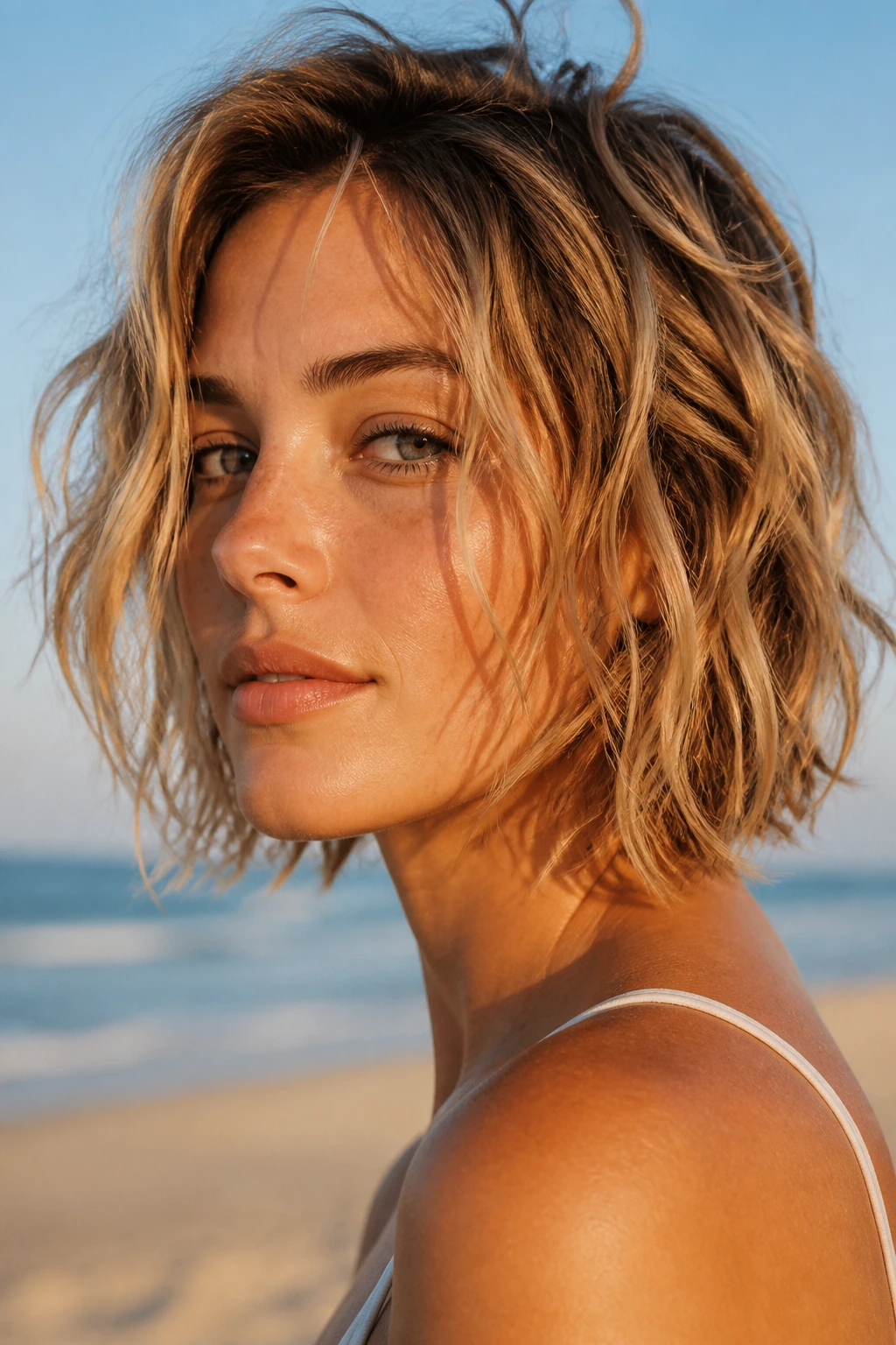 Close-up of a real woman with a messy beachy bob on a sunlit beach