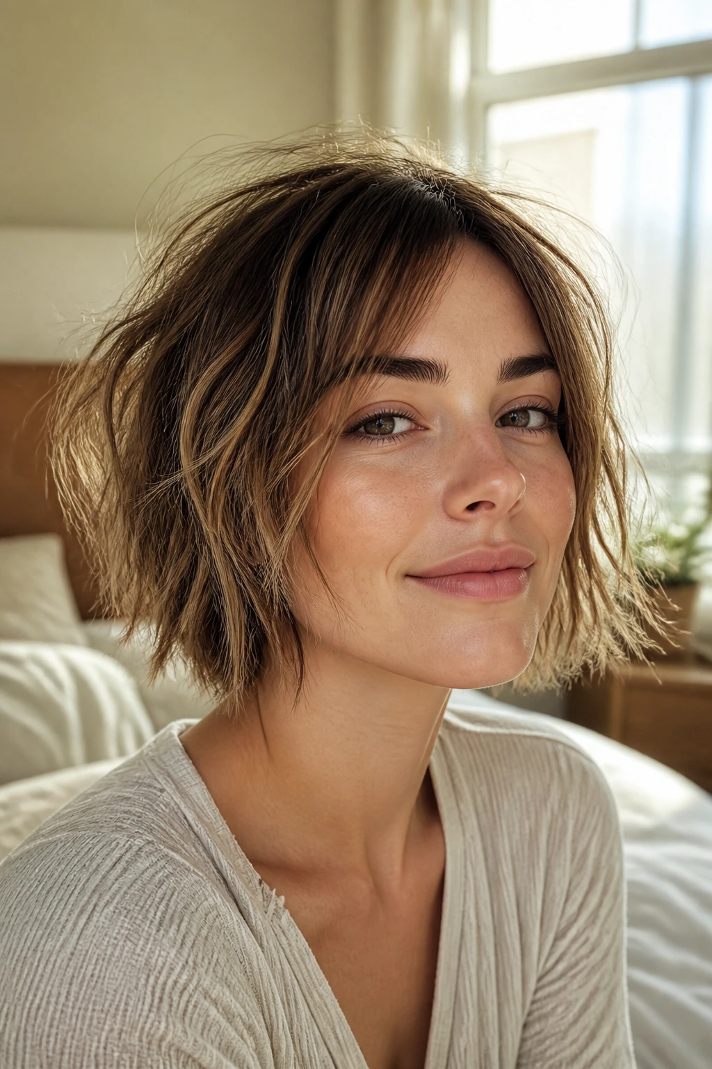 Close-up portrait of a real woman with a messy bed-head bob in a softly lit bedroom