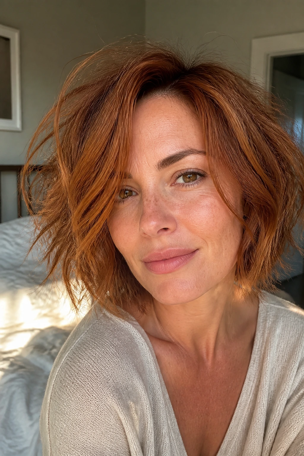 Real woman with messy bedhead auburn bob in sunlit bedroom