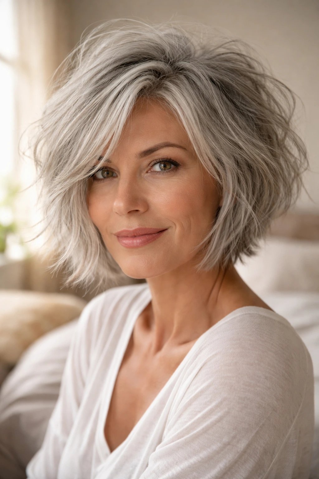 Close-up portrait of a real woman with messy bedhead silver bob in a sunlit bedroom