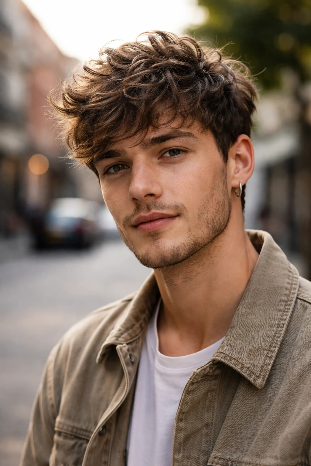Man with messy bedhead crop in outdoor morning light