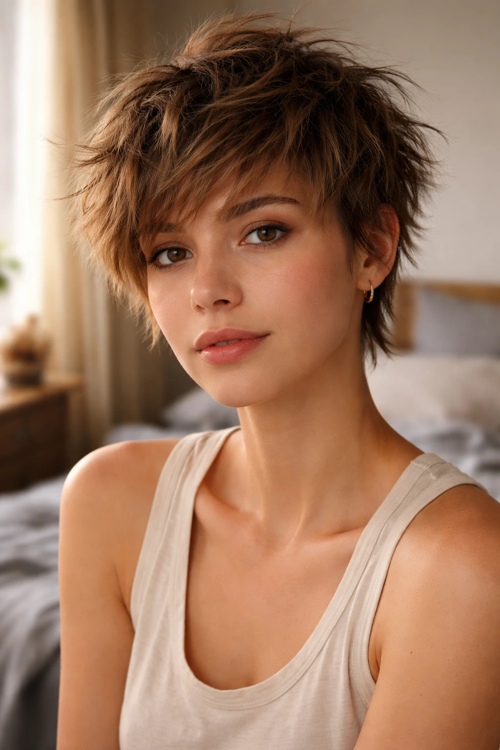 Close-up portrait of a real woman with messy bedhead pixie hairstyle