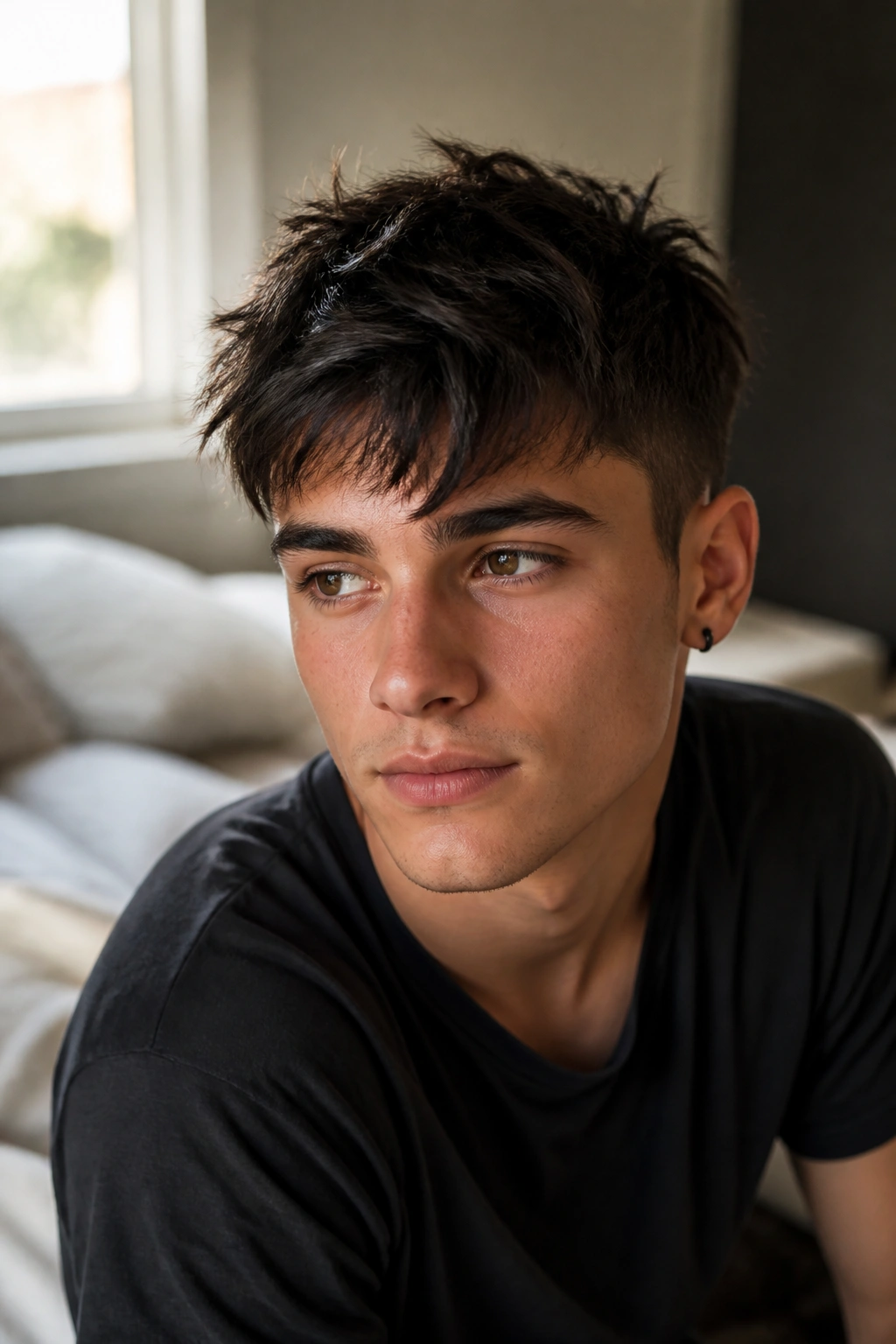 Close-up portrait of a man with messy bedhead pixie haircut in a warm bedroom.