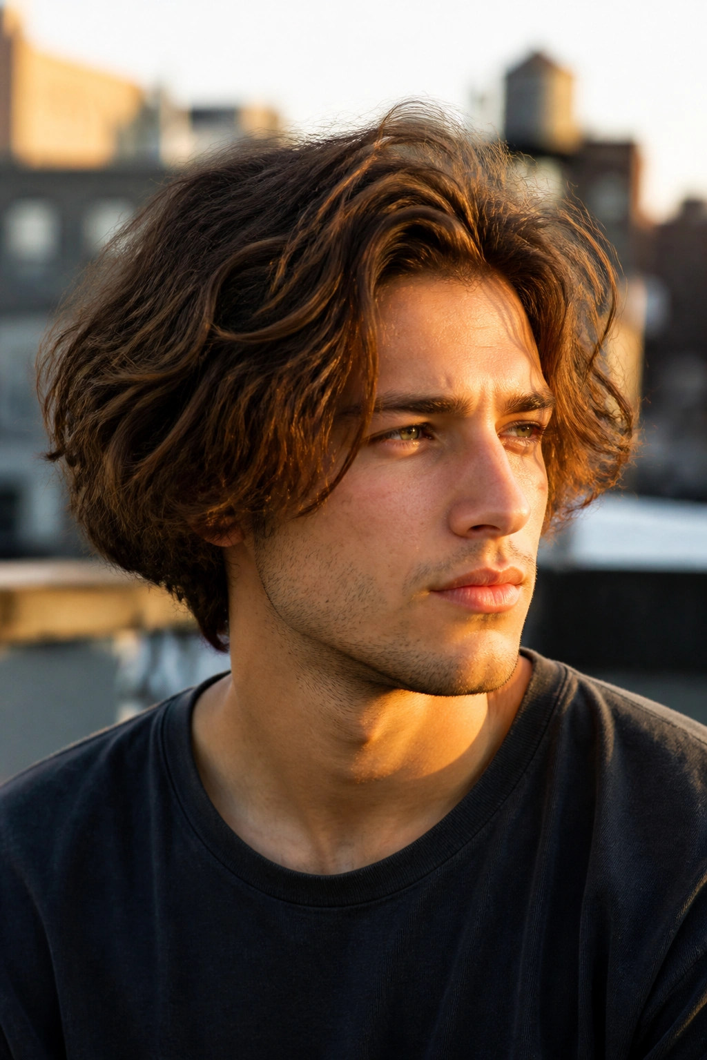 Close-up portrait of a man with a textured messy bob
