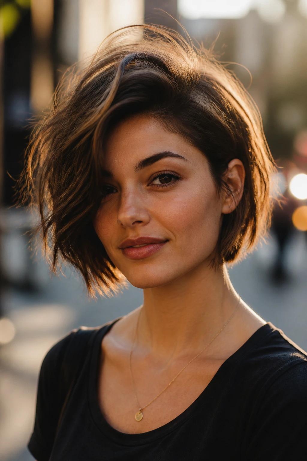 Close-up portrait of a real woman with a messy bob featuring a deep side part and crown volume.