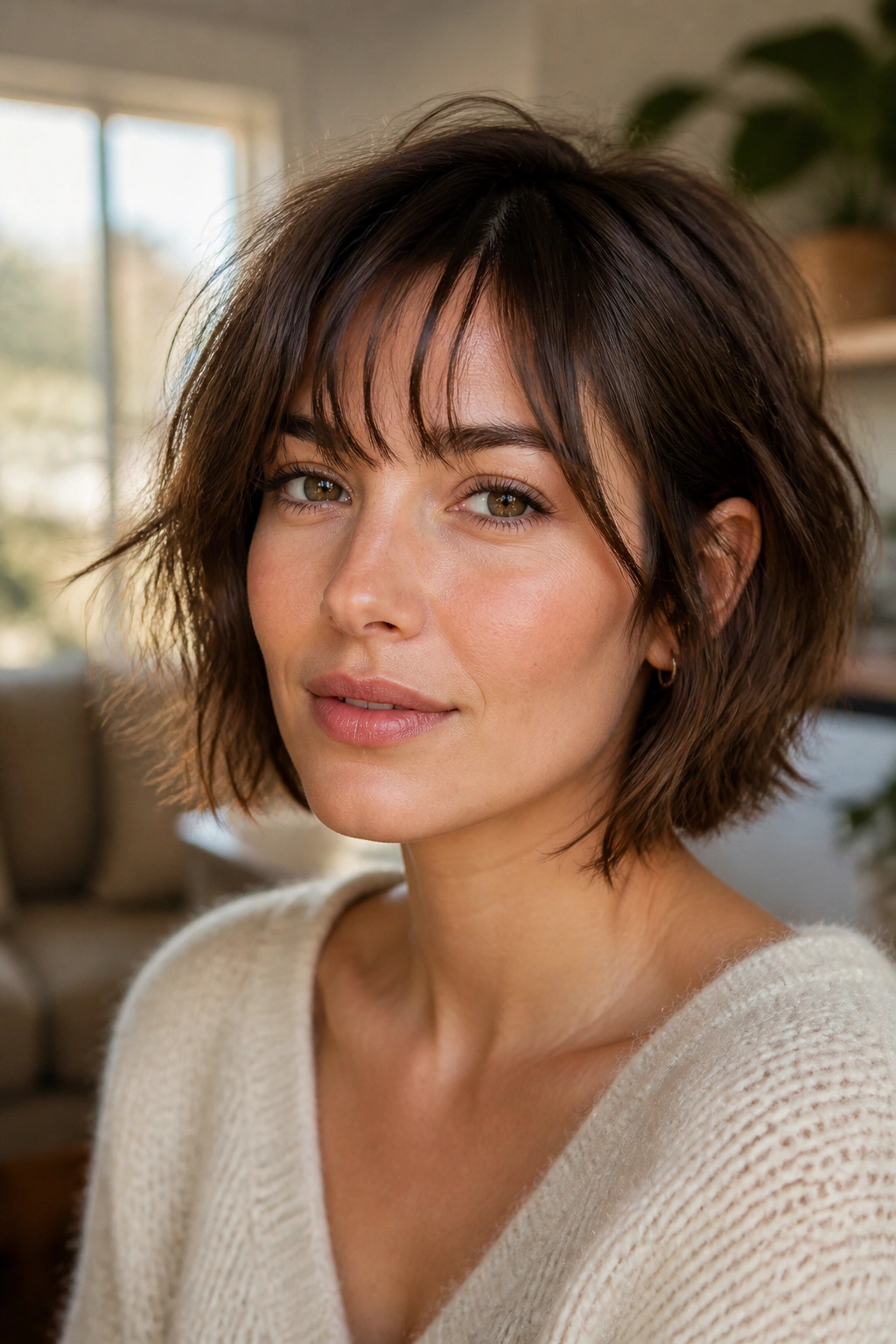 Portrait of a real woman with a messy bob and wispy bangs in a sunlit living room.