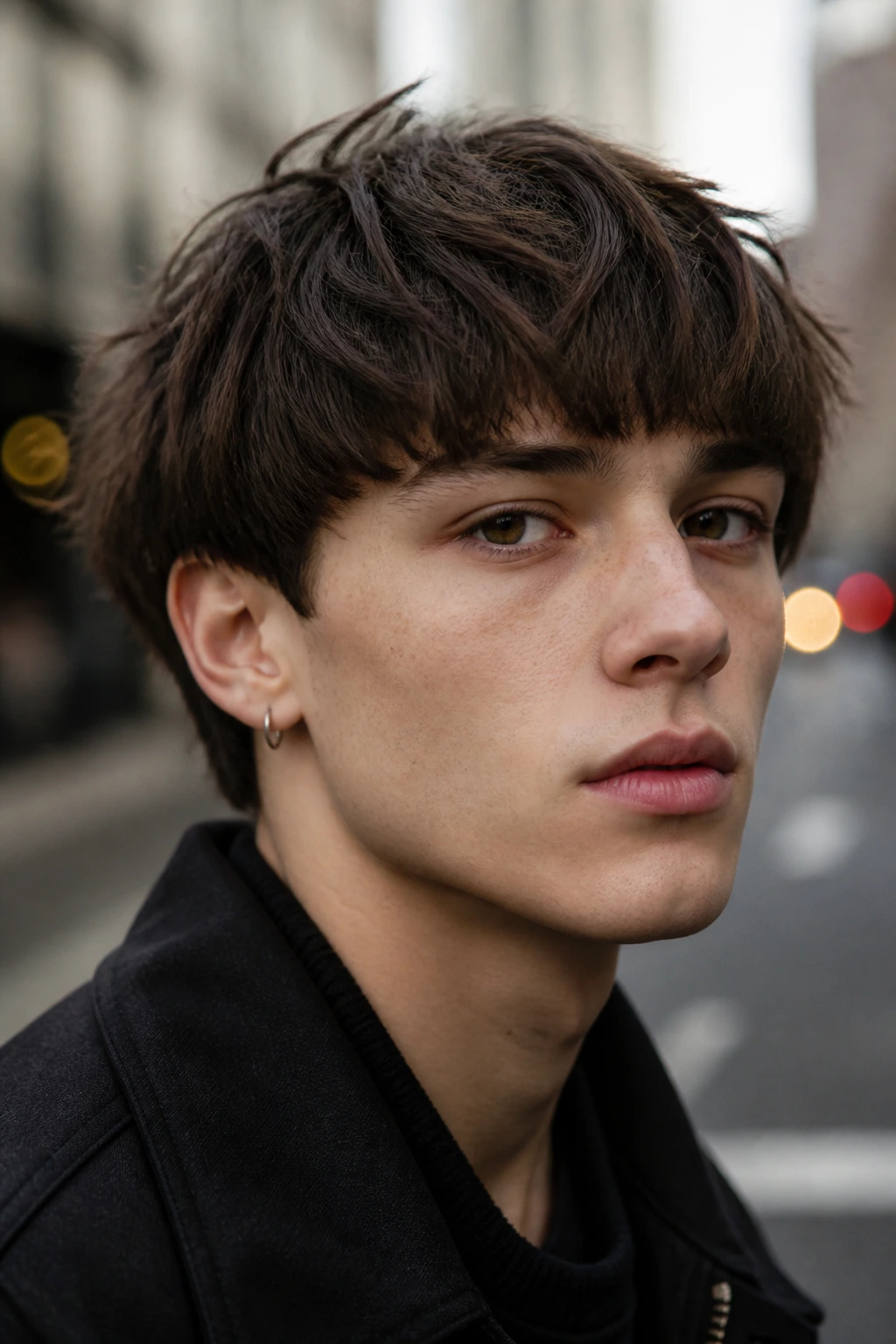 Close-up of a real person with a messy bowl cut featuring broken edges.