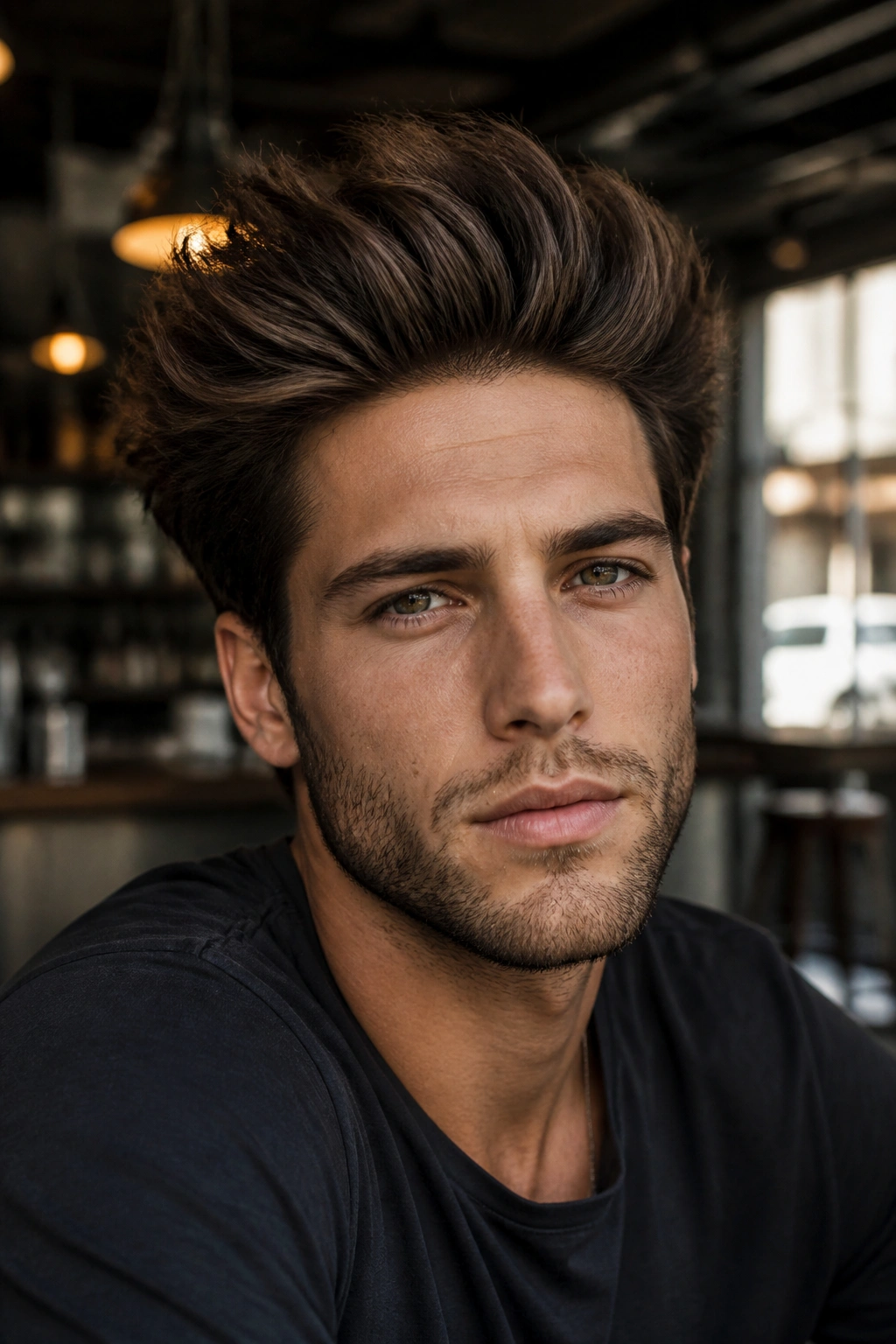Close-up of a real man with a messy brush-up hairstyle in a cafe setting