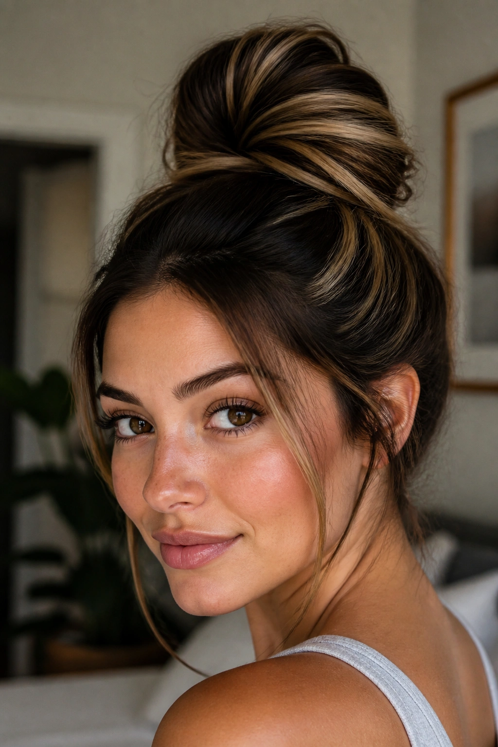 Portrait of a woman with a messy bun and crown streaks in natural light.