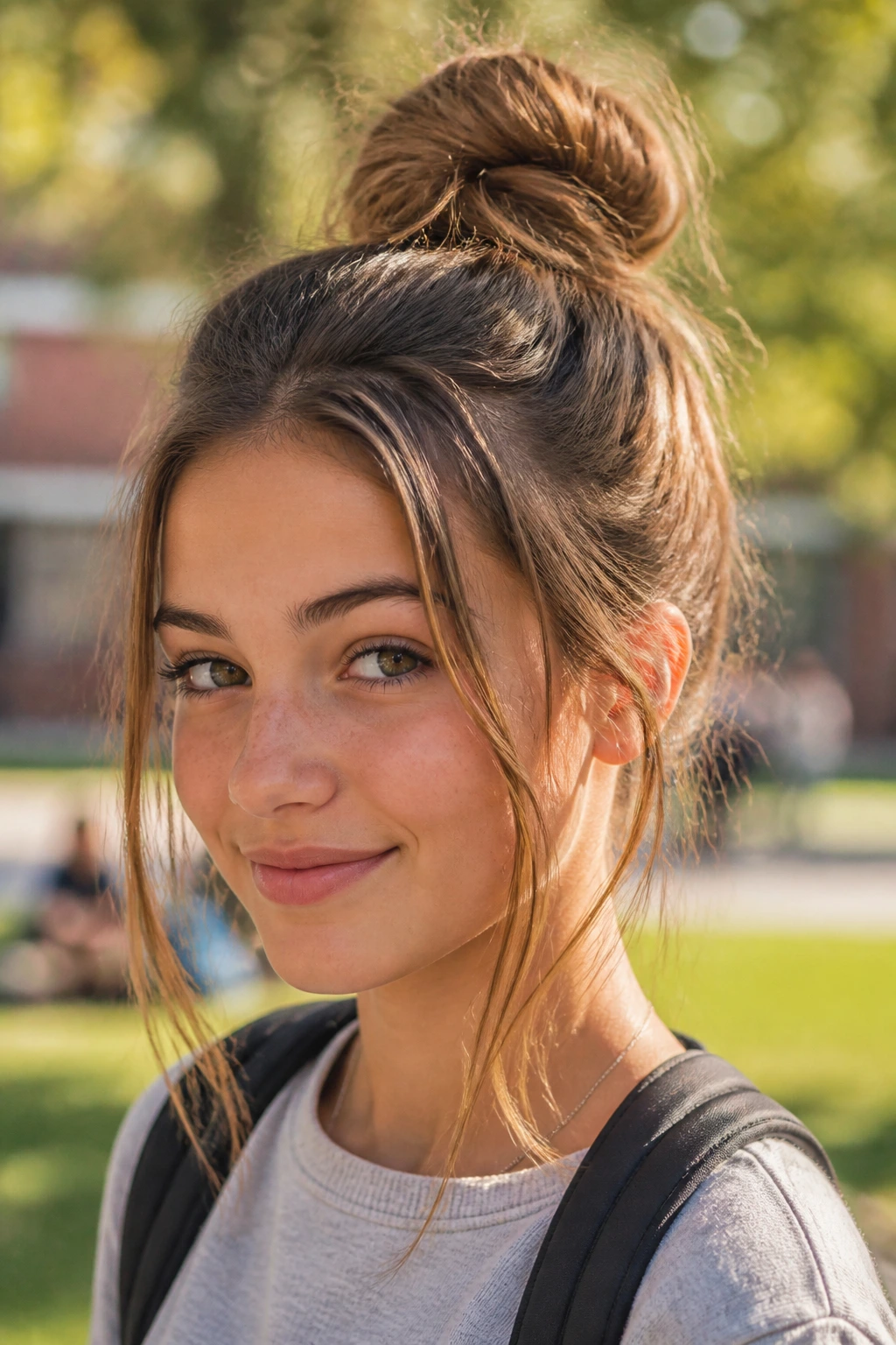 Real girl with a messy bun and soft front pieces in daylight