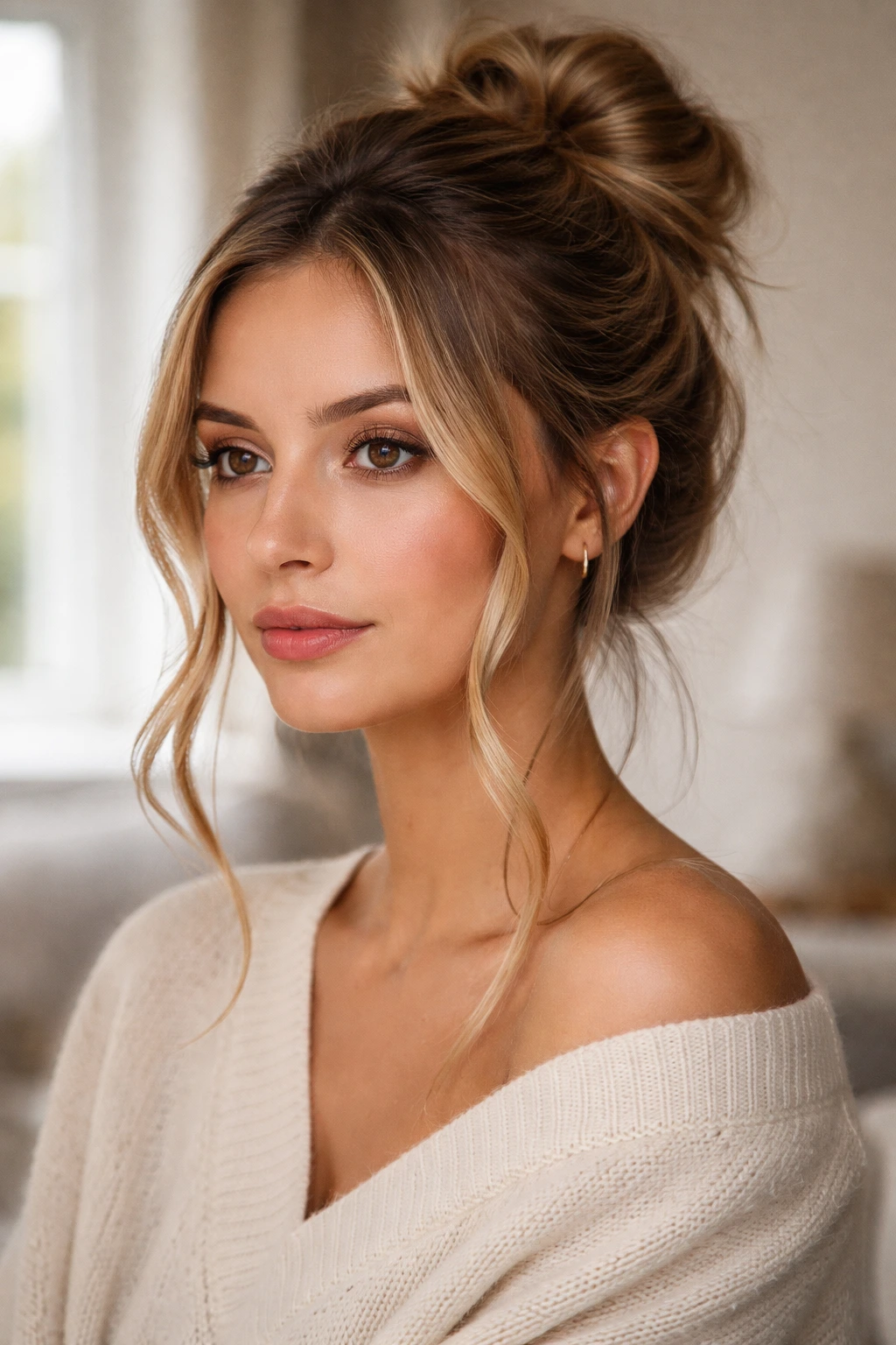 Portrait of a real woman with a messy bun and face-framing pieces