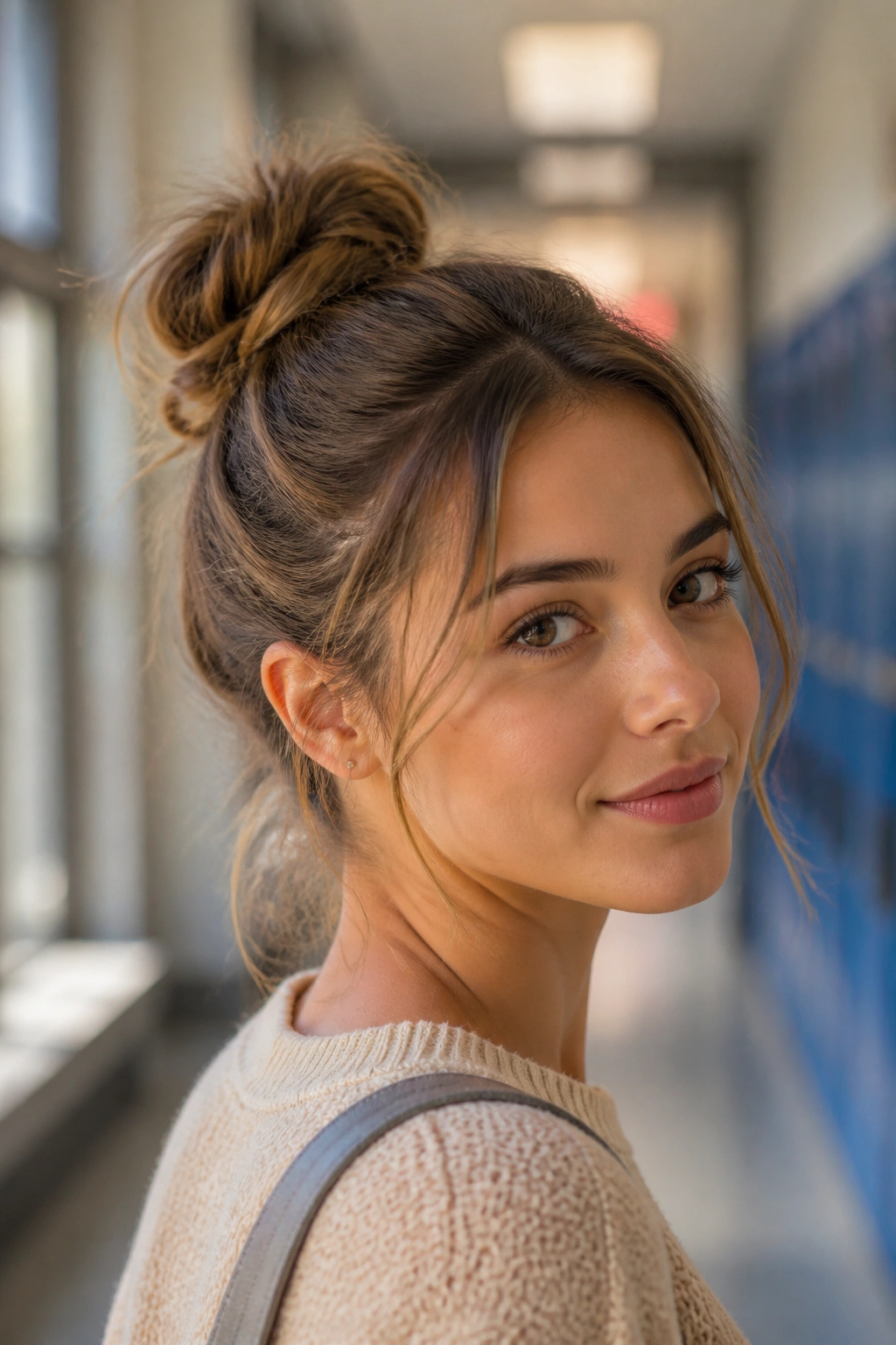 Portrait of a real woman with a messy bun and face-framing pieces in a school setting