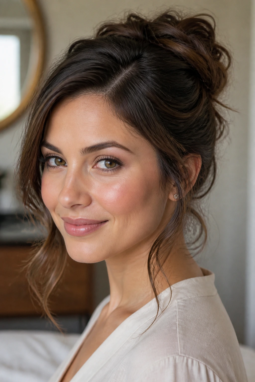 Close-up of a real woman with a messy bun, side part and two tendrils framing the jaw