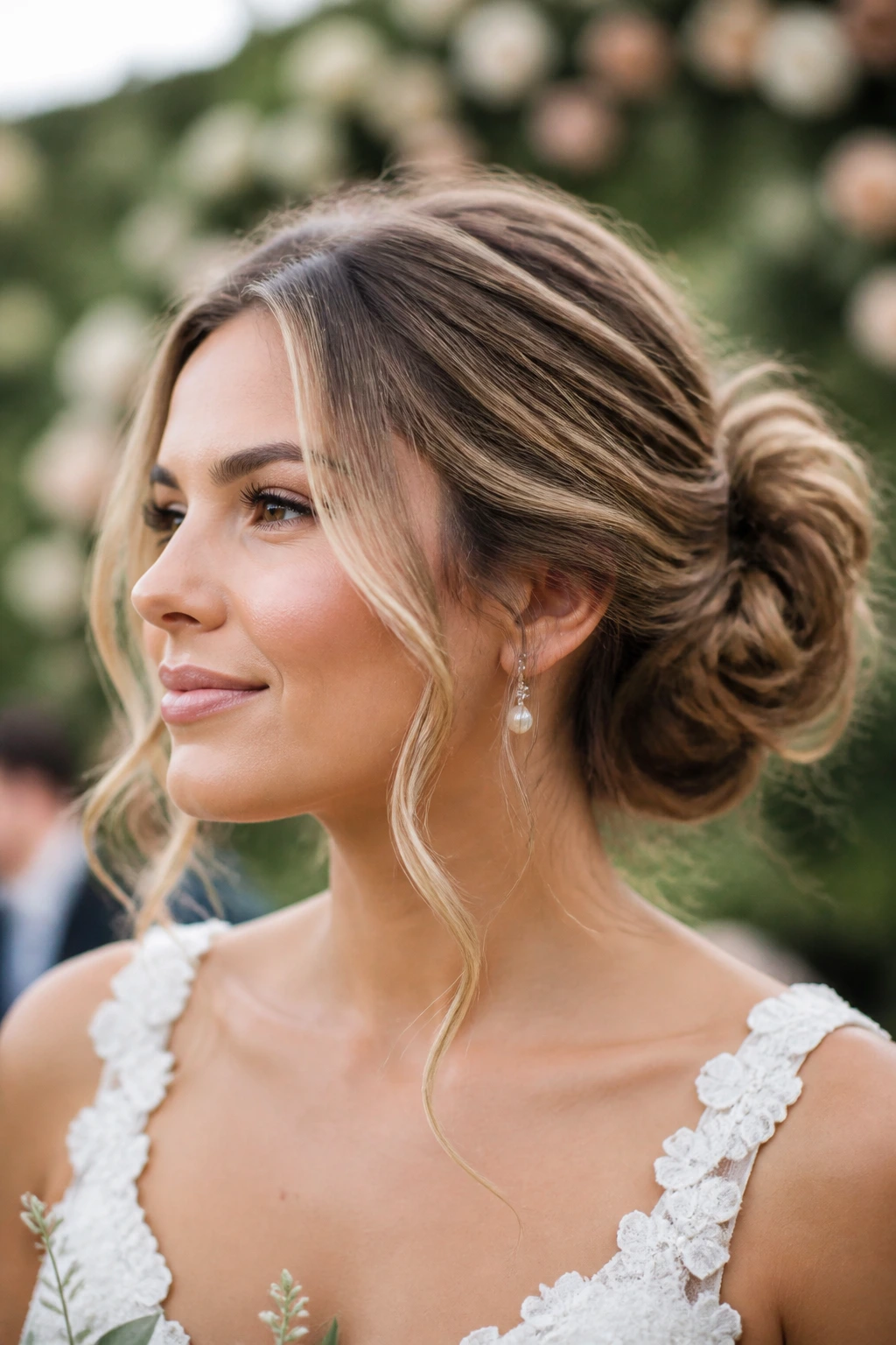 Close-up of a real bride with a messy bun and face-framing pieces outdoors